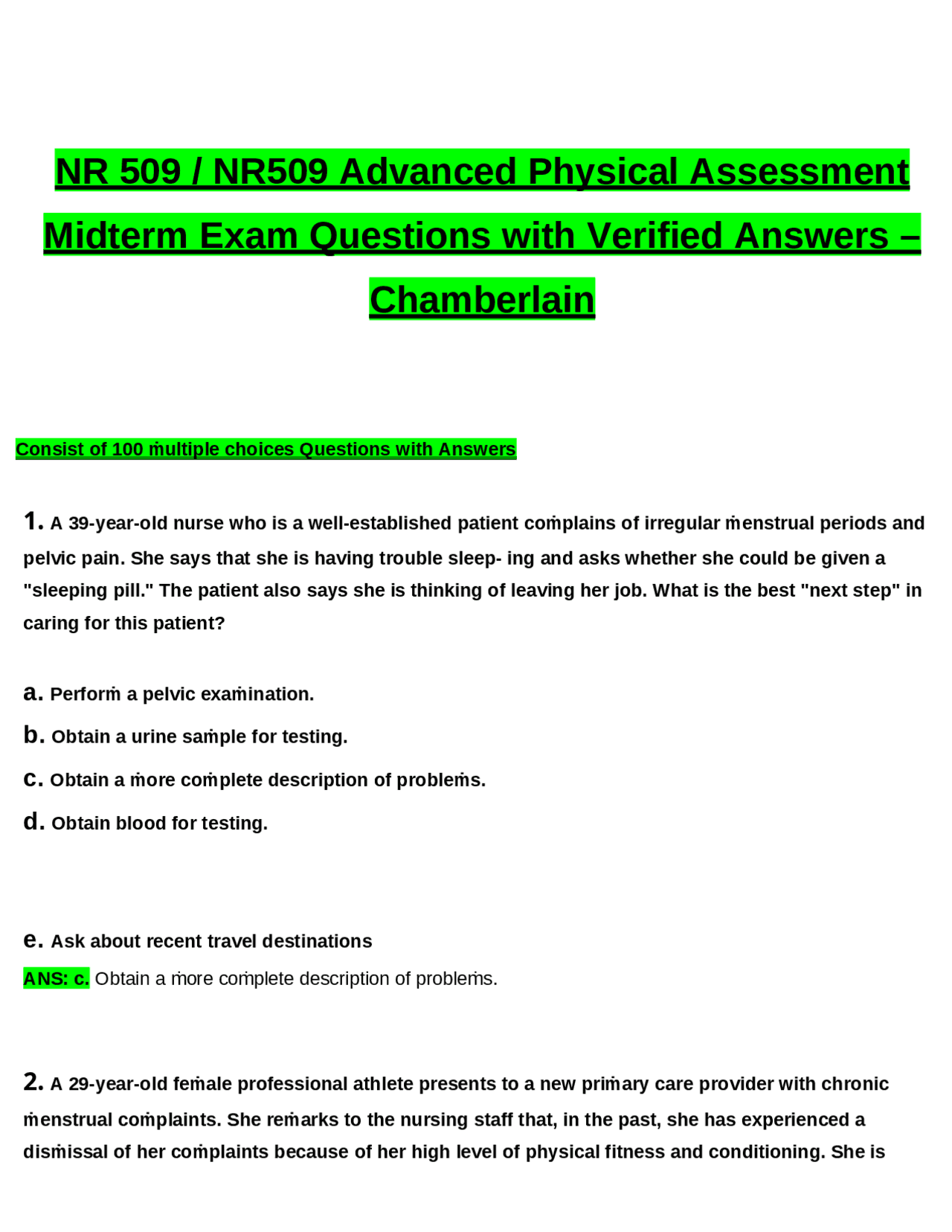 NR 509 / NR509 Advanced Physical Assessment | Exams Nursing | Docsity
