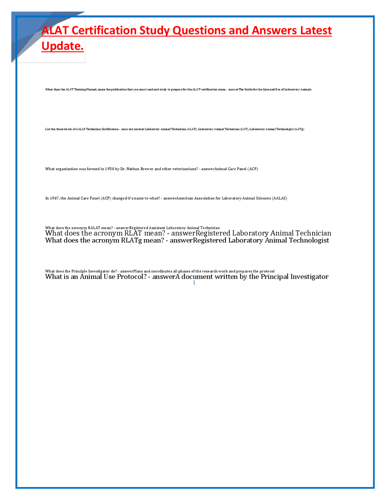 ALAT Certification Study Questions and Answers Latest Update. | Exams ...