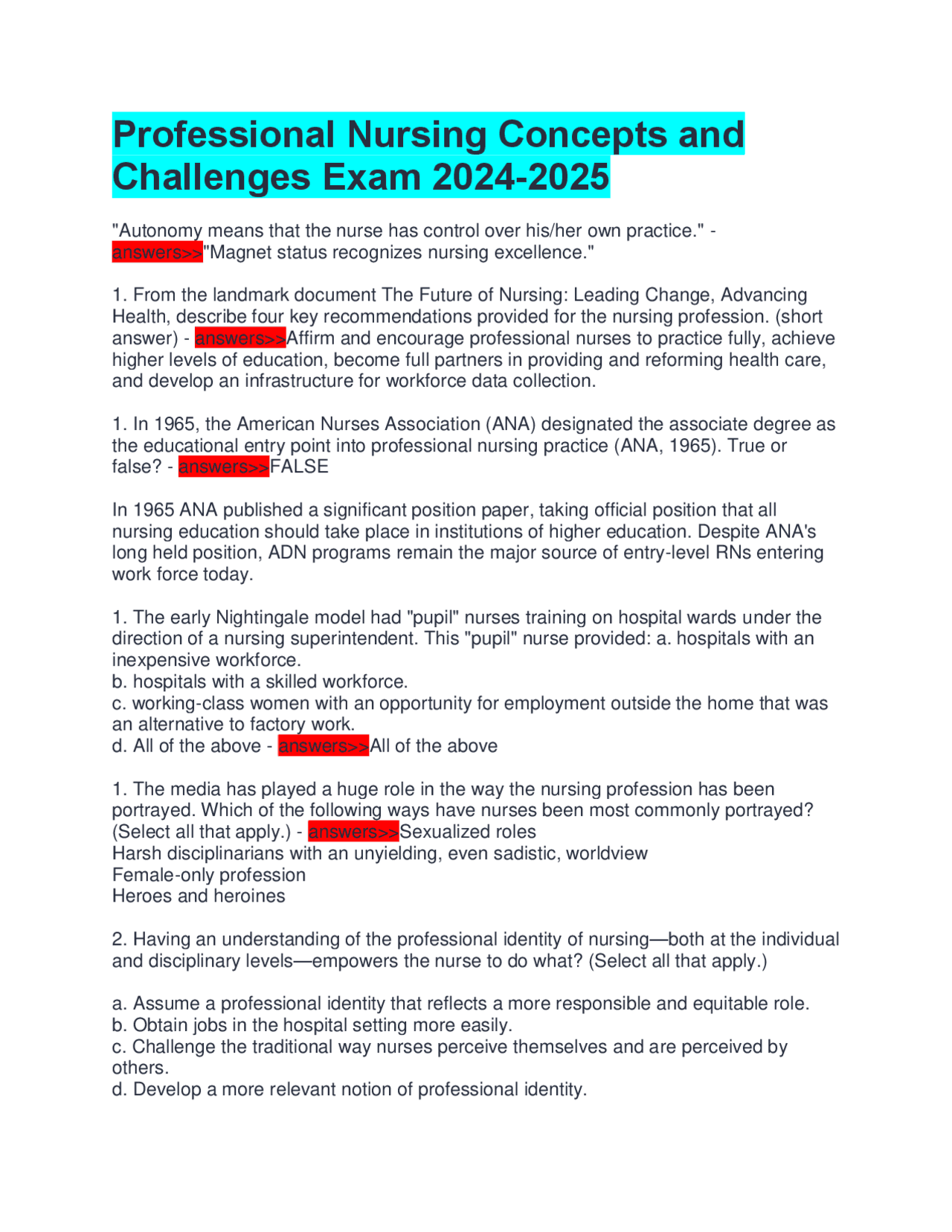 Professional Nursing Concepts and Challenges Exam 2024-2025 Q&A | Exams ...