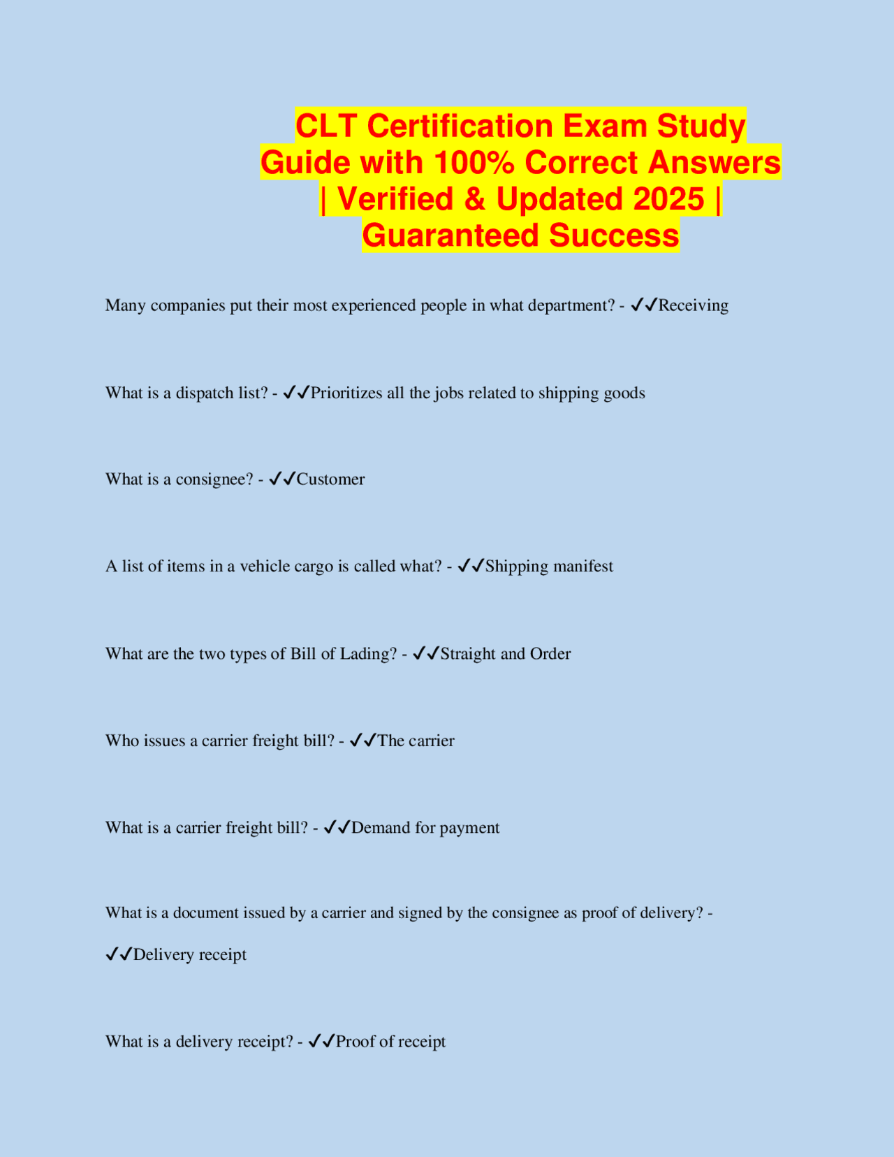 CLT Certification Exam Study Guide with 100% Correct Answers | Verified ...