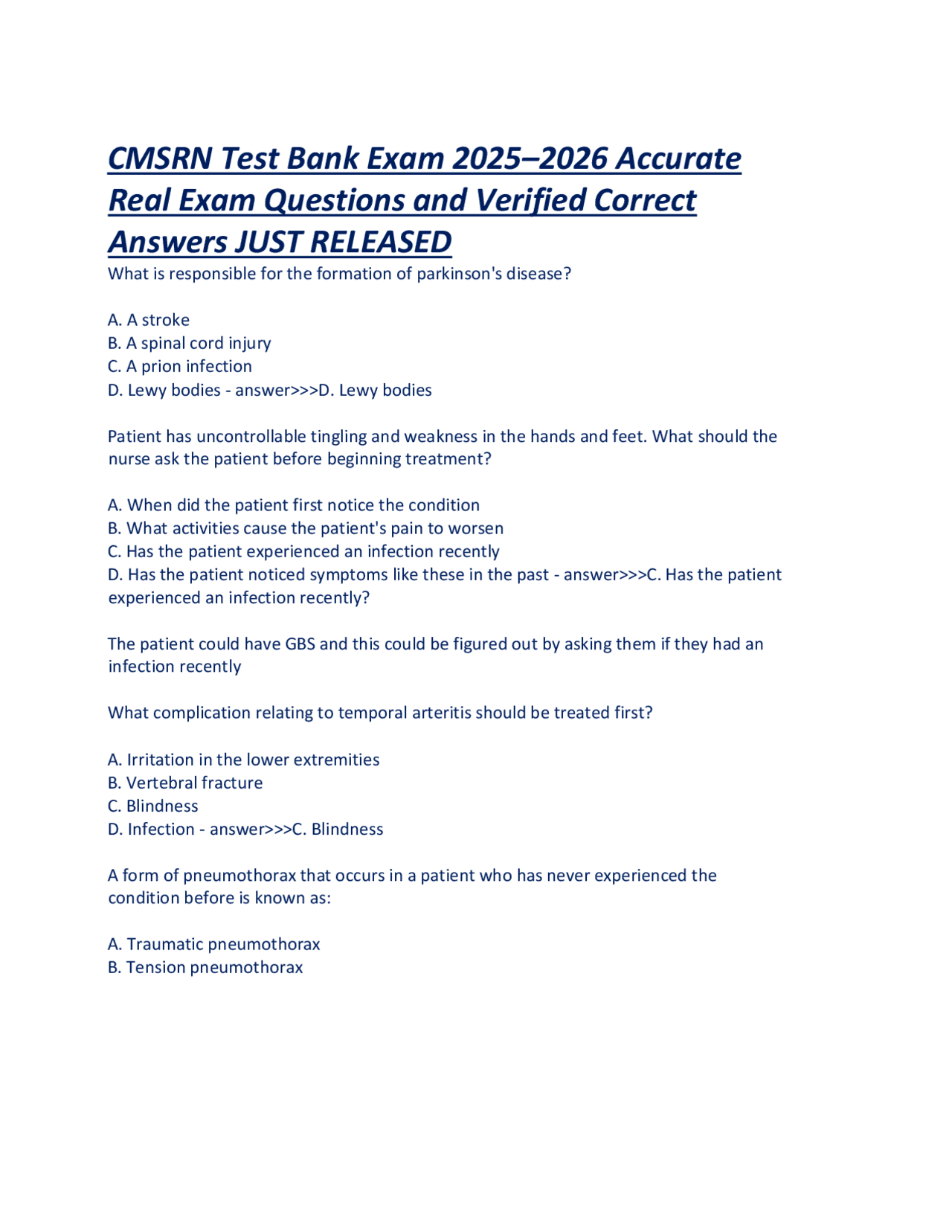 CMSRN (Certified Medical-Surgical Registered Nurse) Test Bank Exam 2025 ...