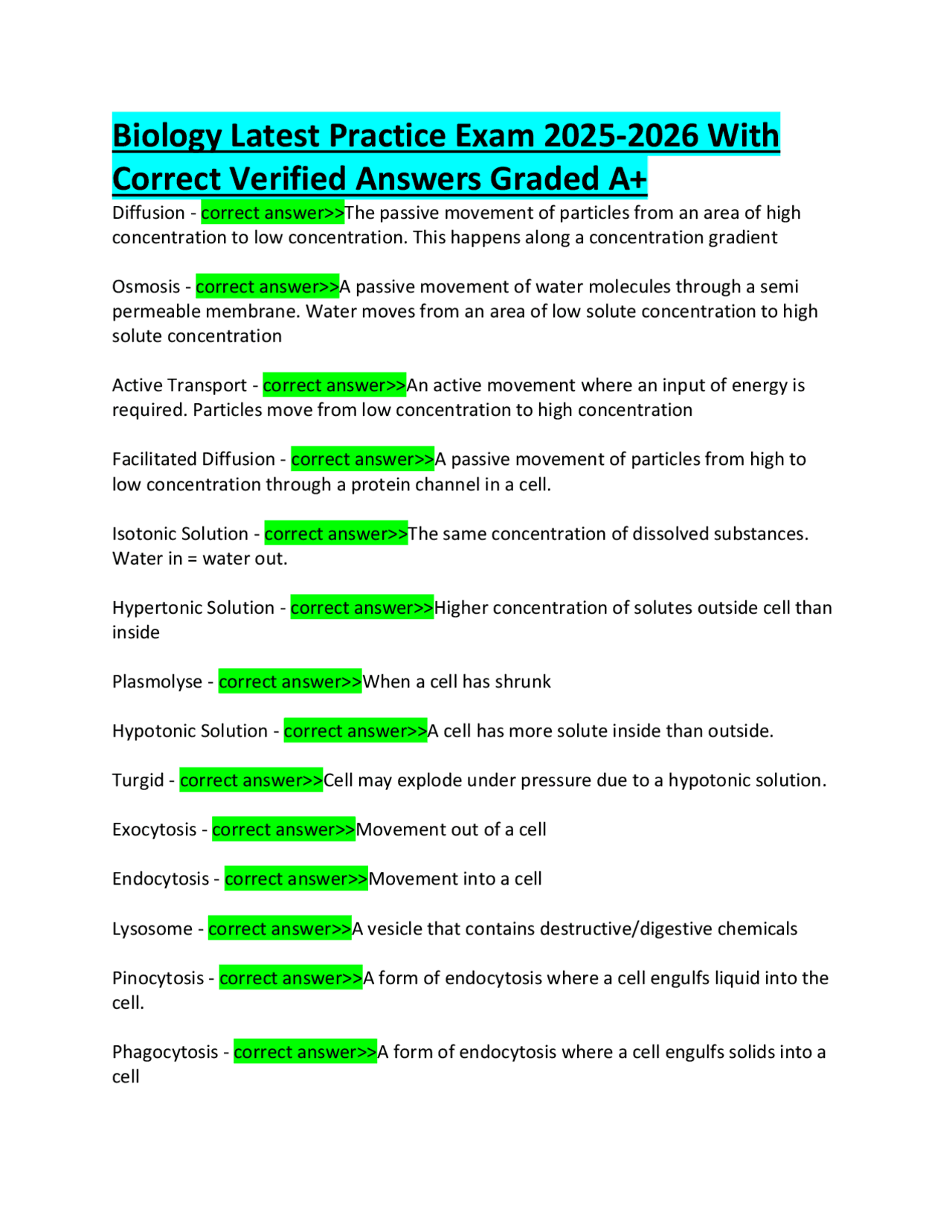 Biology Latest Practice Exam 2025-2026 With Correct Verified Answers ...