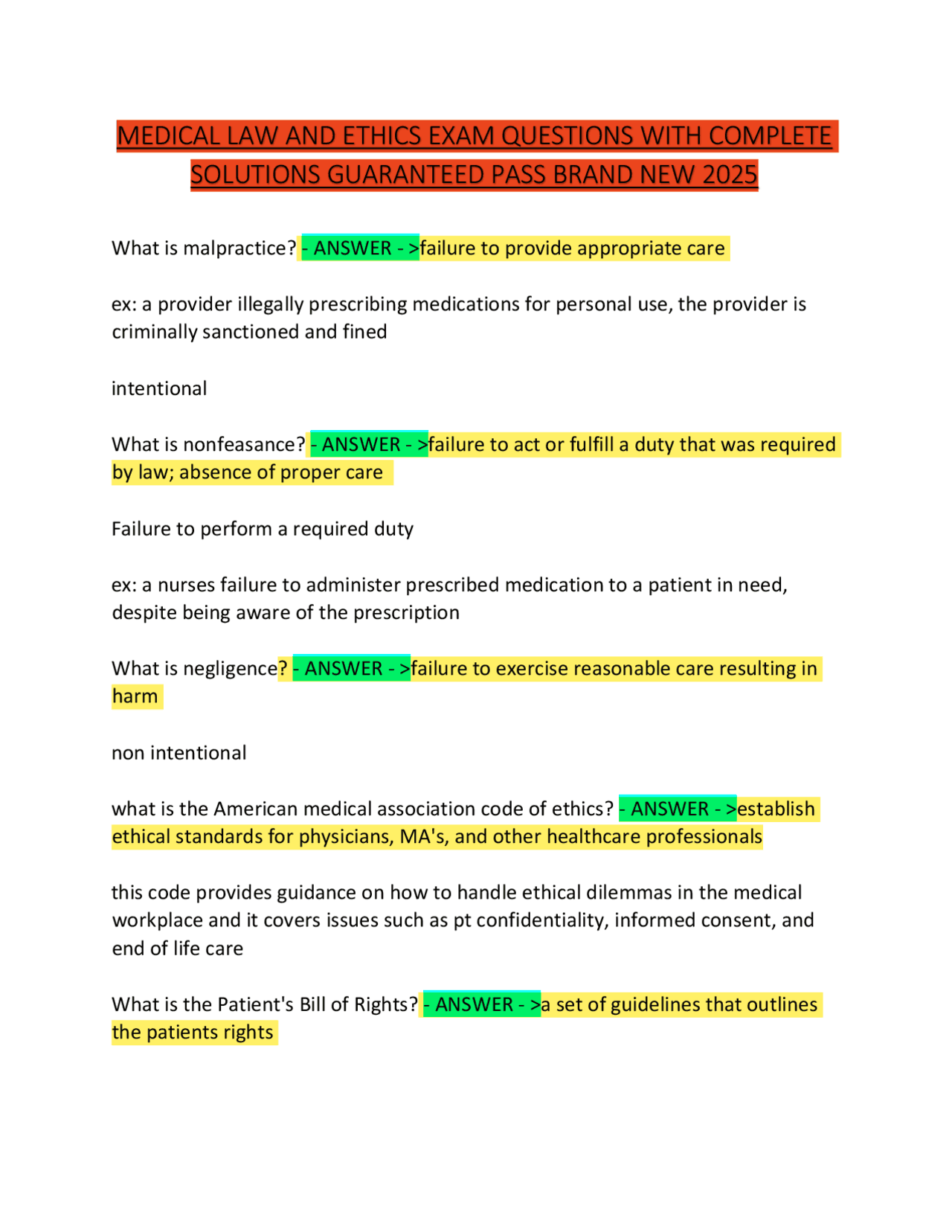 MEDICAL LAW AND ETHICS EXAM QUESTIONS WITH COMPLETE SOLUTIONS ...