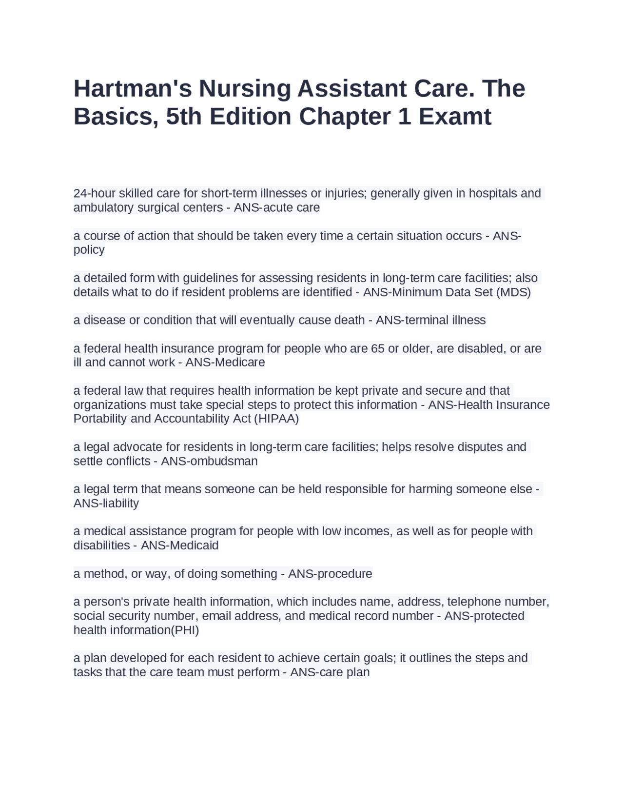 Hartman's Nursing Assistant Care. The Basics, 5th Edition Chapter 1 ...