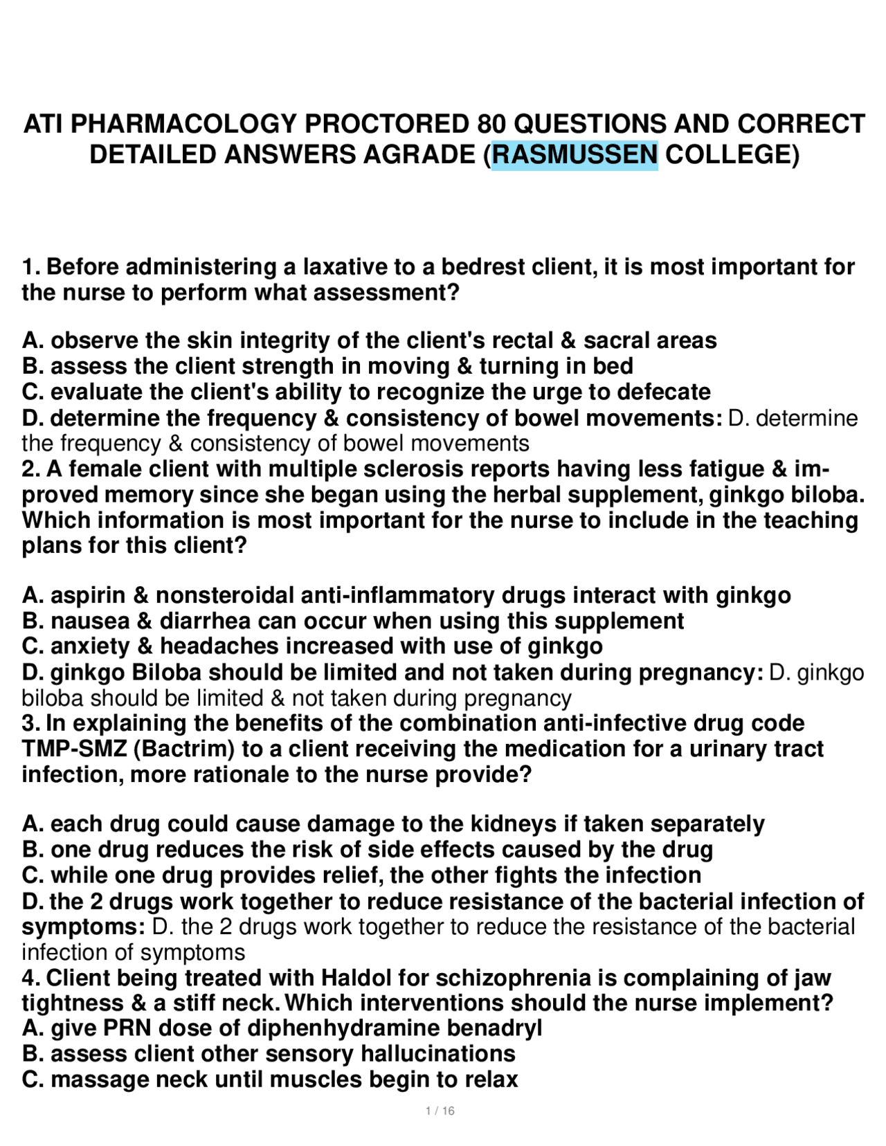 ATI PHARMACOLOGY PROCTORED 80 QUESTIONS AND CORRECT DETAILED ANSWERS ...