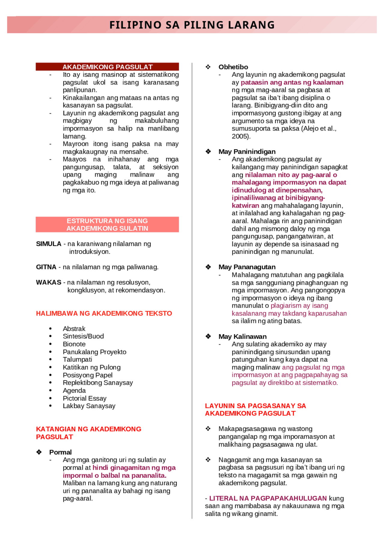 Filipino sa Piling Larang | Lecture notes English | Docsity