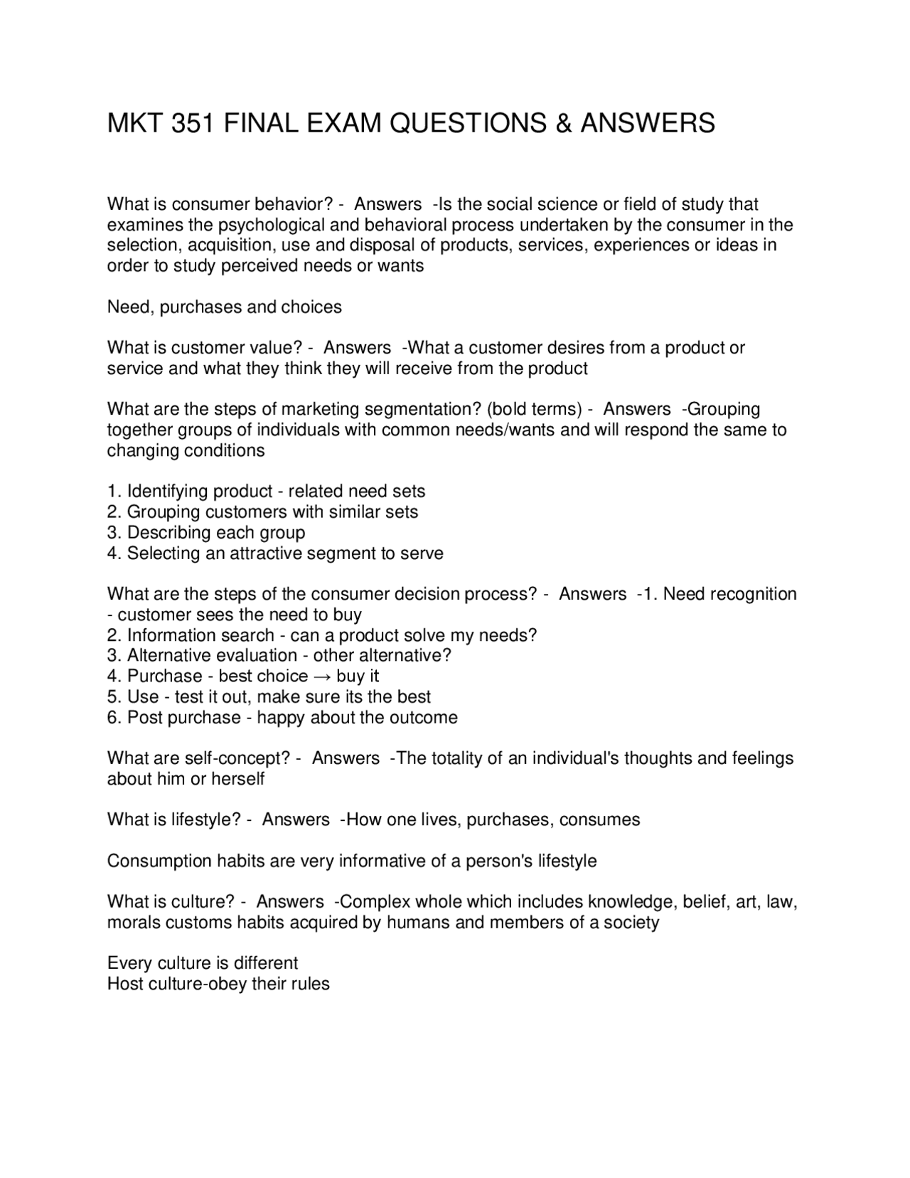 Consumer Behavior Exam Q&A: MKT 351 Study Guide | Exams Marketing | Docsity