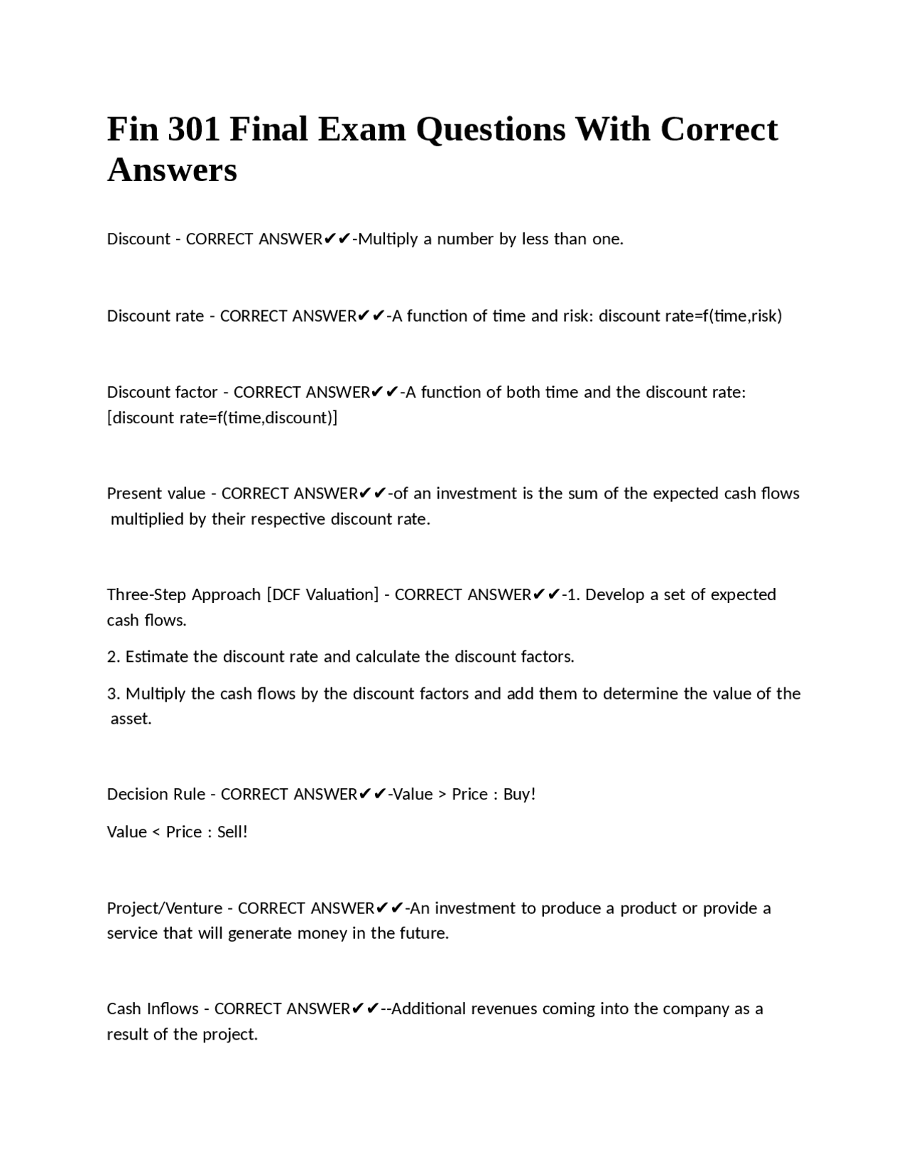 Fin 301 Final Exam Questions With Correct Answers. | Exams Finance ...