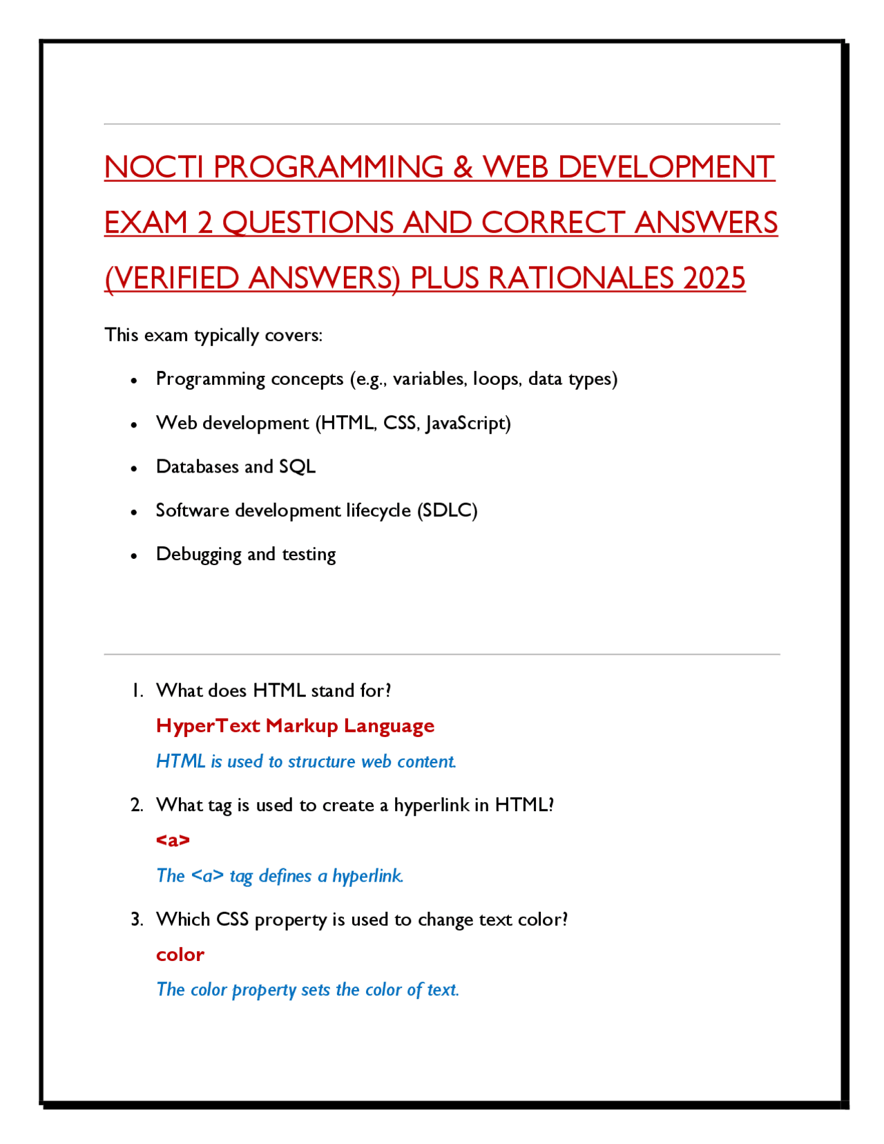 NOCTI PROGRAMMING & WEB DEVELOPMENT EXAM 2 QUESTIONS AND CORRECT ...