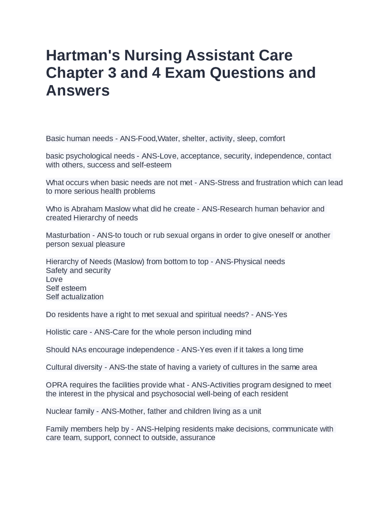 Hartman's Nursing Assistant Care Chapter 3 and 4 Exam Questions and ...