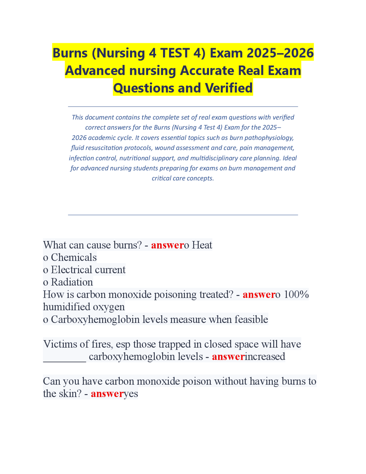 Burns (Nursing 4 TEST 4) Exam 2025–2026 Advanced nursing Accurate Real ...