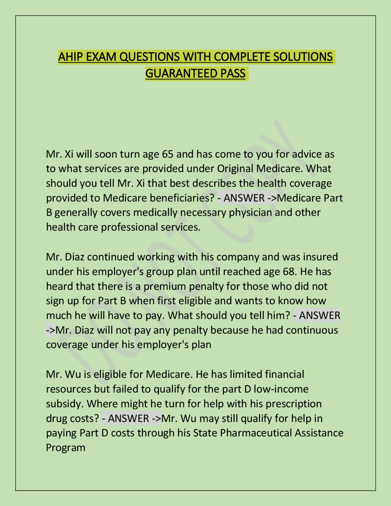 AHIP EXAM WITH COMPLETE SOLUTIONS GUARANTEED PASS | Exams Nursing | Docsity