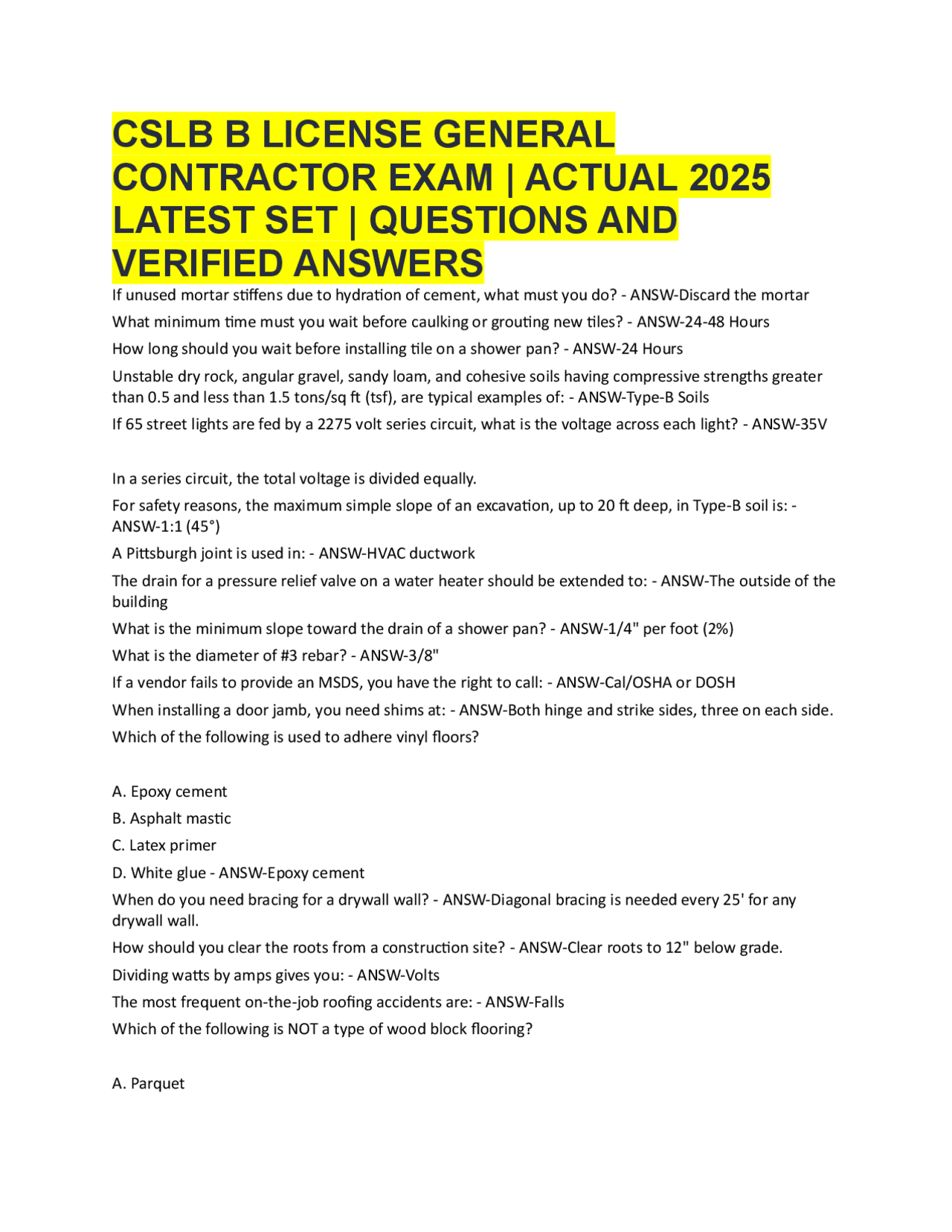 CSLB B LICENSE GENERAL CONTRACTOR EXAM | ACTUAL 2025 LATEST SET ...