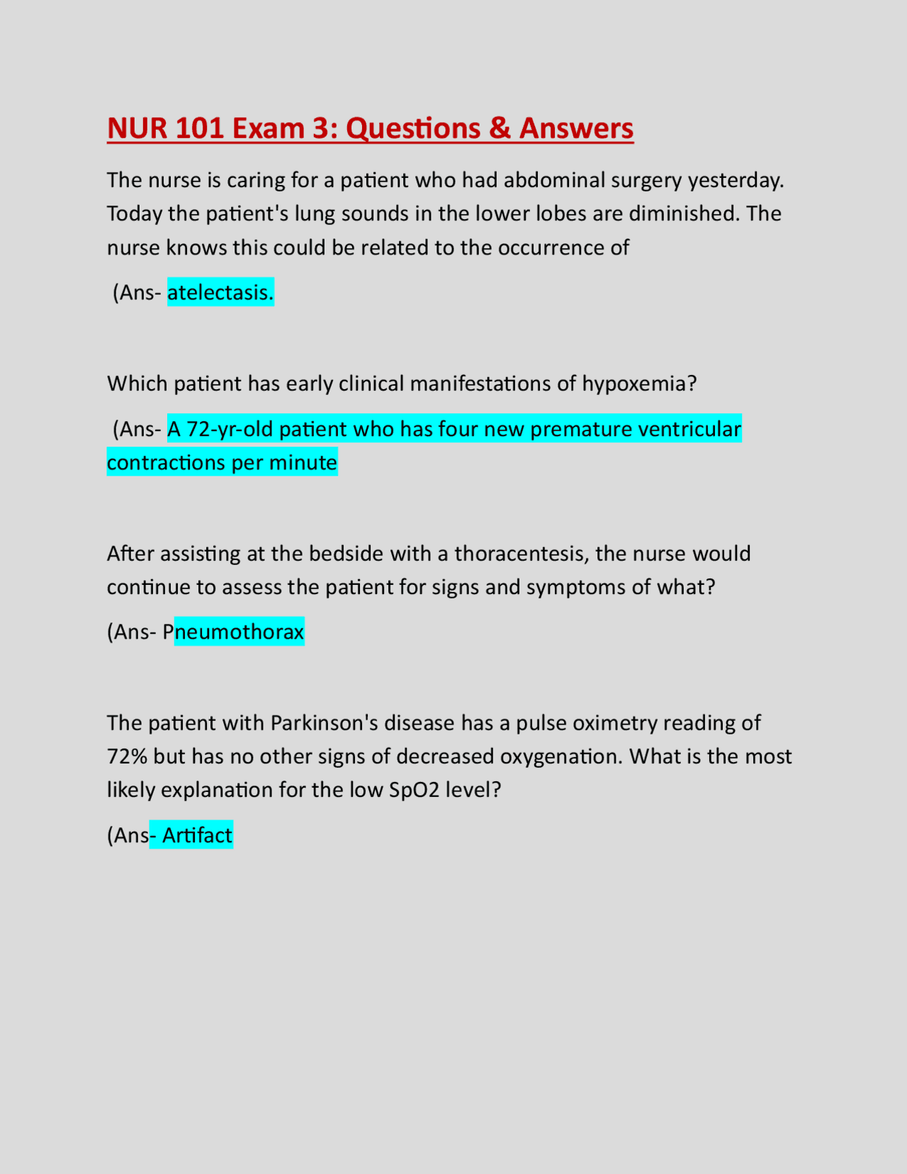 NUR 101 Exam 3: Questions & Answers:Updated Guide | Exams Nursing | Docsity