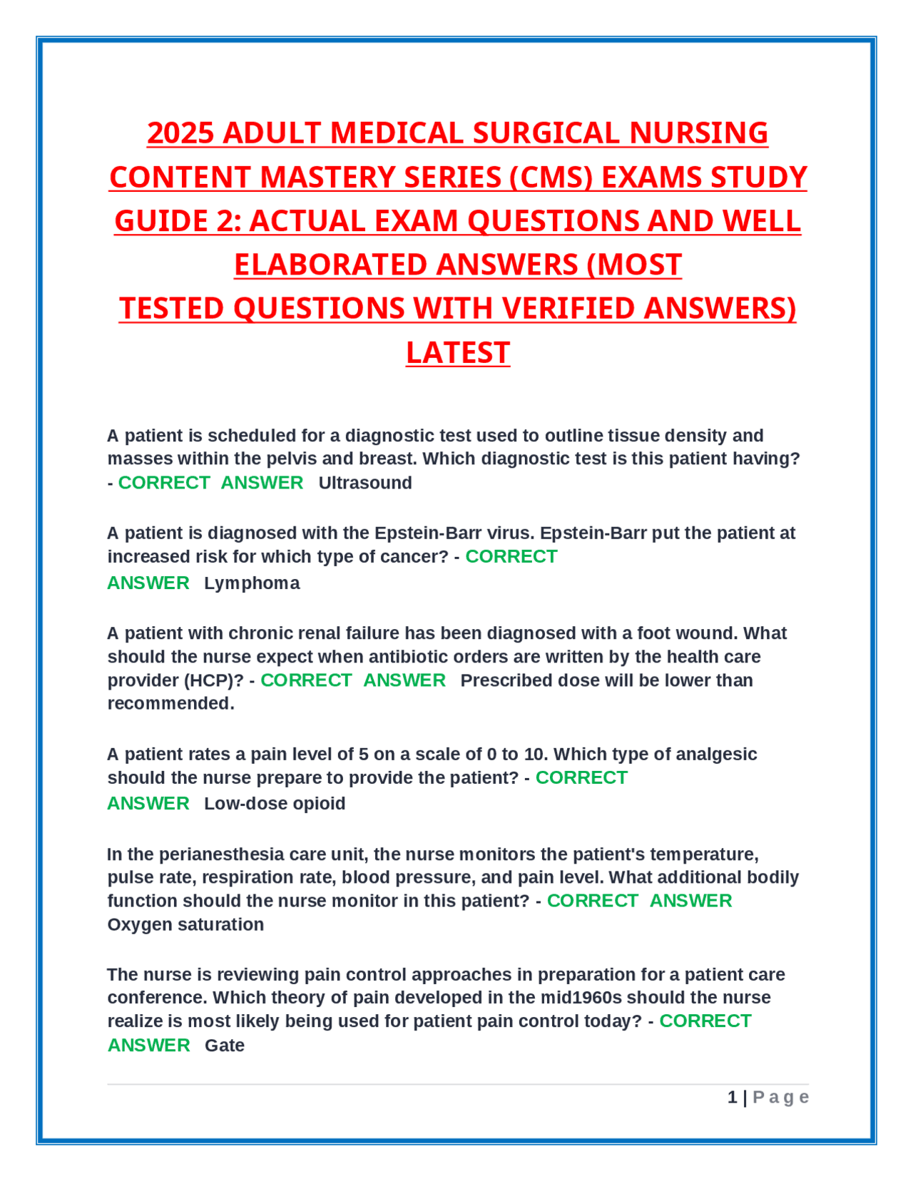 2025 ADULT MEDICAL SURGICAL NURSING CONTENT MASTERY SERIES (CMS) EXAMS ...