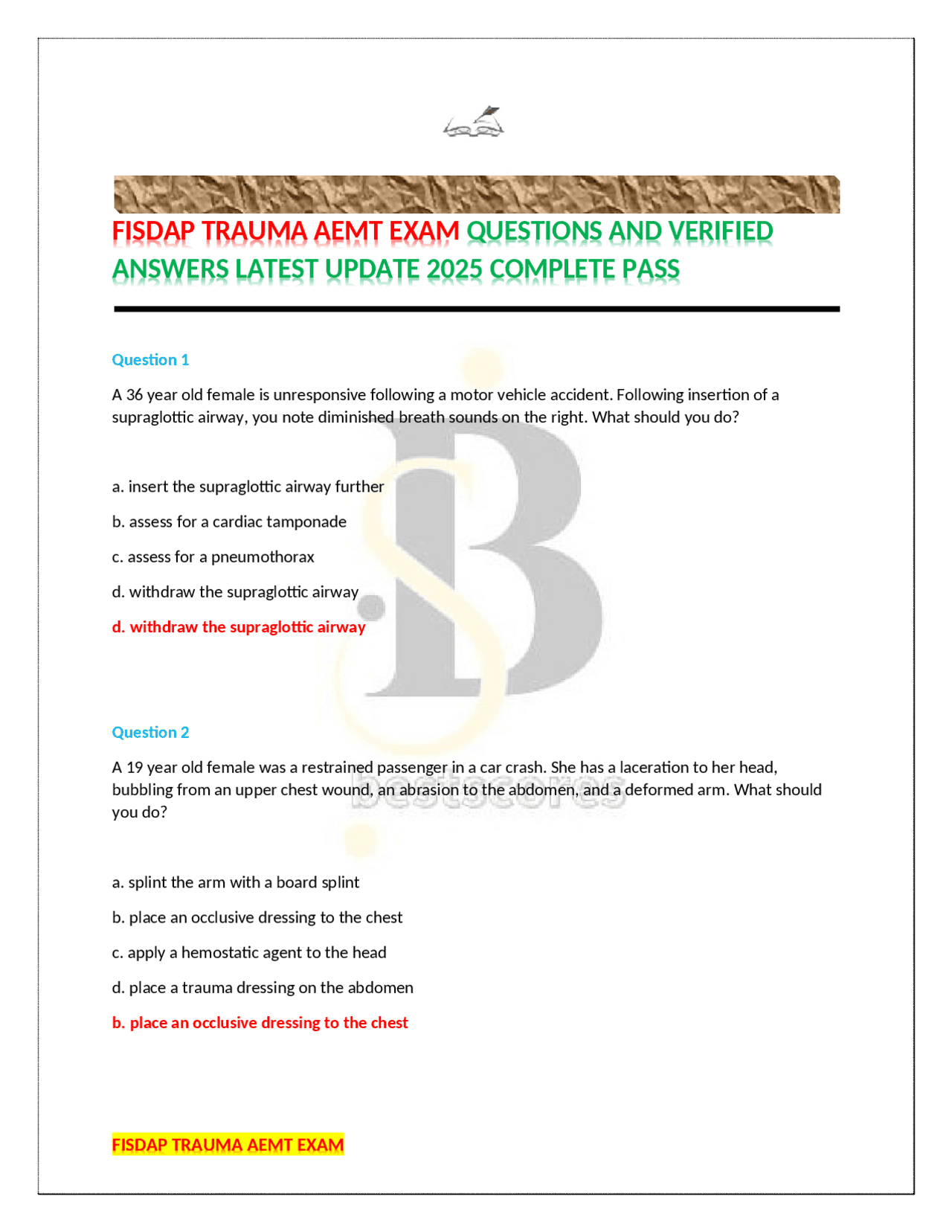 TRAUMA FISDAP AEMT EXAM LATEST 2025 ACTUAL EXAM WITH COMPLETE QUESTIONS ...