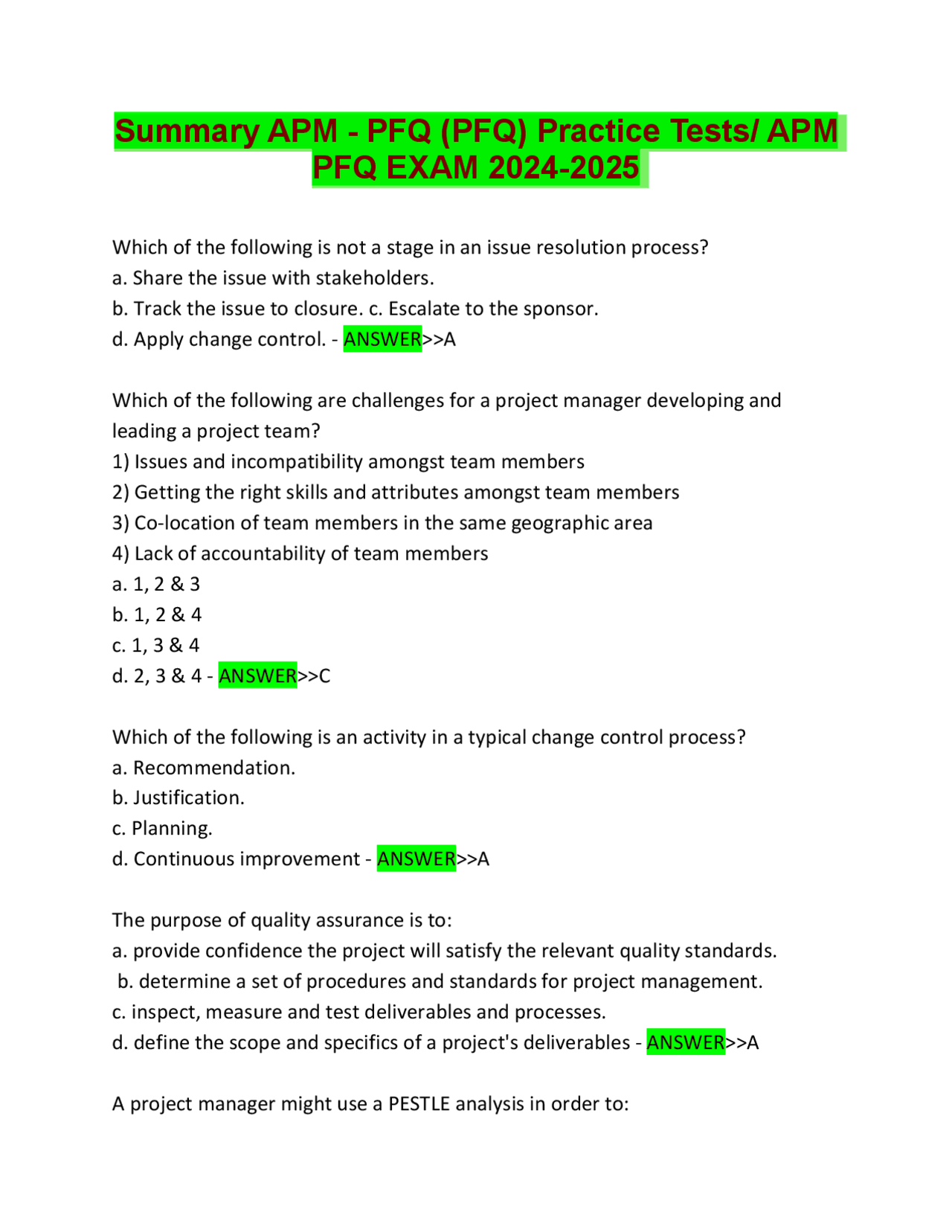 Summary APM PFQ (PFQ) Practice Tests/ APM PFQ EXAM 2024 2025 Exams