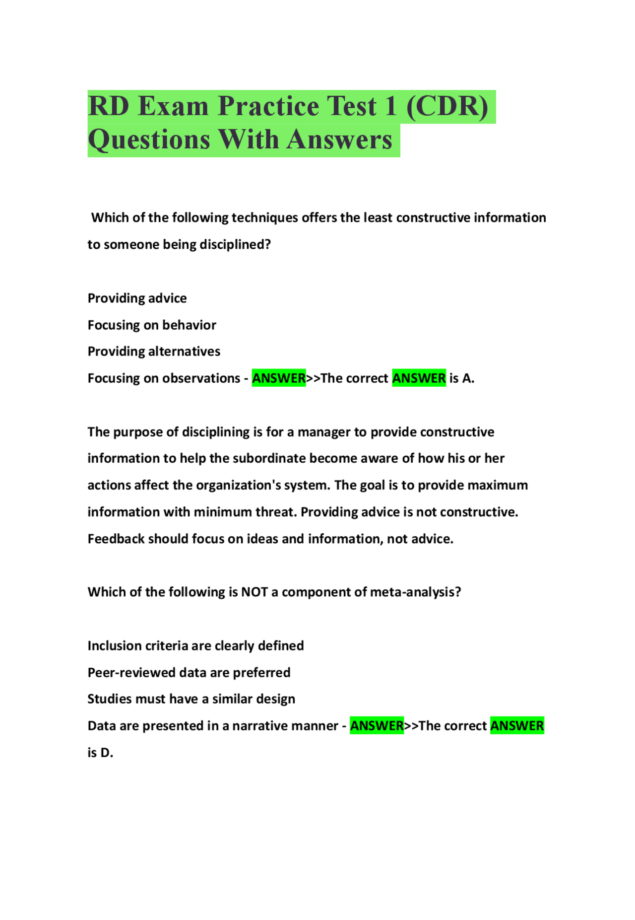 RD Exam Practice Test 1 (CDR) Questions With Answers | Exams Advanced ...