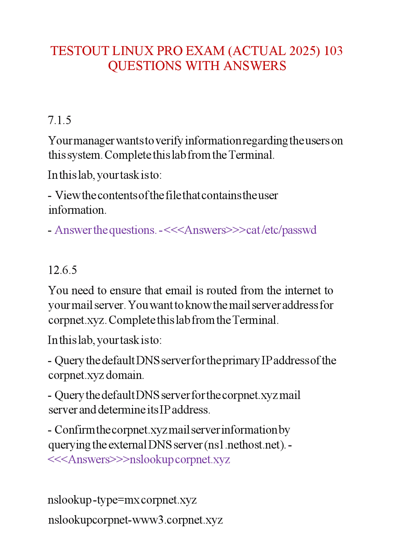 TESTOUT LINUX PRO EXAM (ACTUAL 2025) 103 QUESTIONS WITH ANSWERS | Exams ...