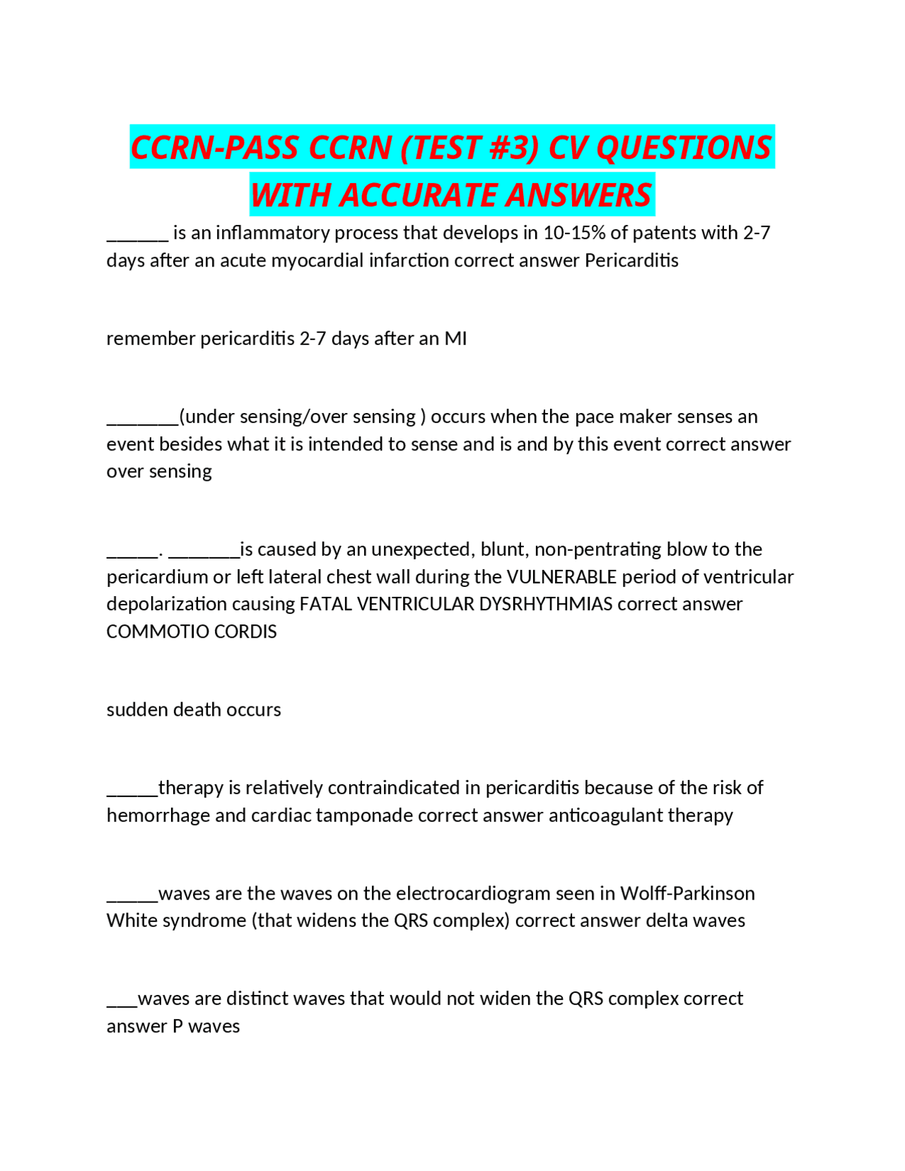Ccrn Test Sections CCRN-PASS CCRN (TEST #3) CV QUESTIONS WITH ACCURATE ANSWERS | Exams ...