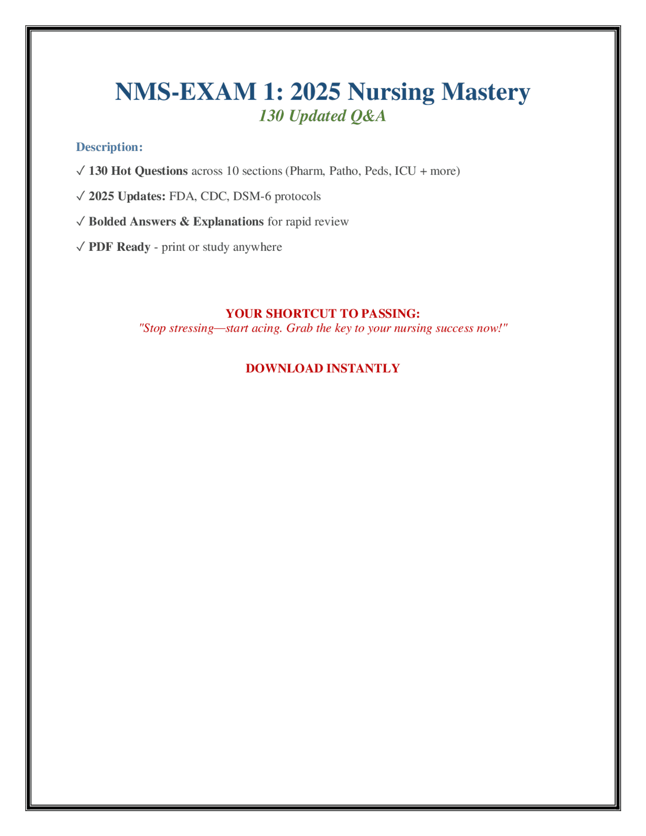 130 Q&A: 2025 Nursing Exam Mastery (PDF Download) | Exams Nursing | Docsity