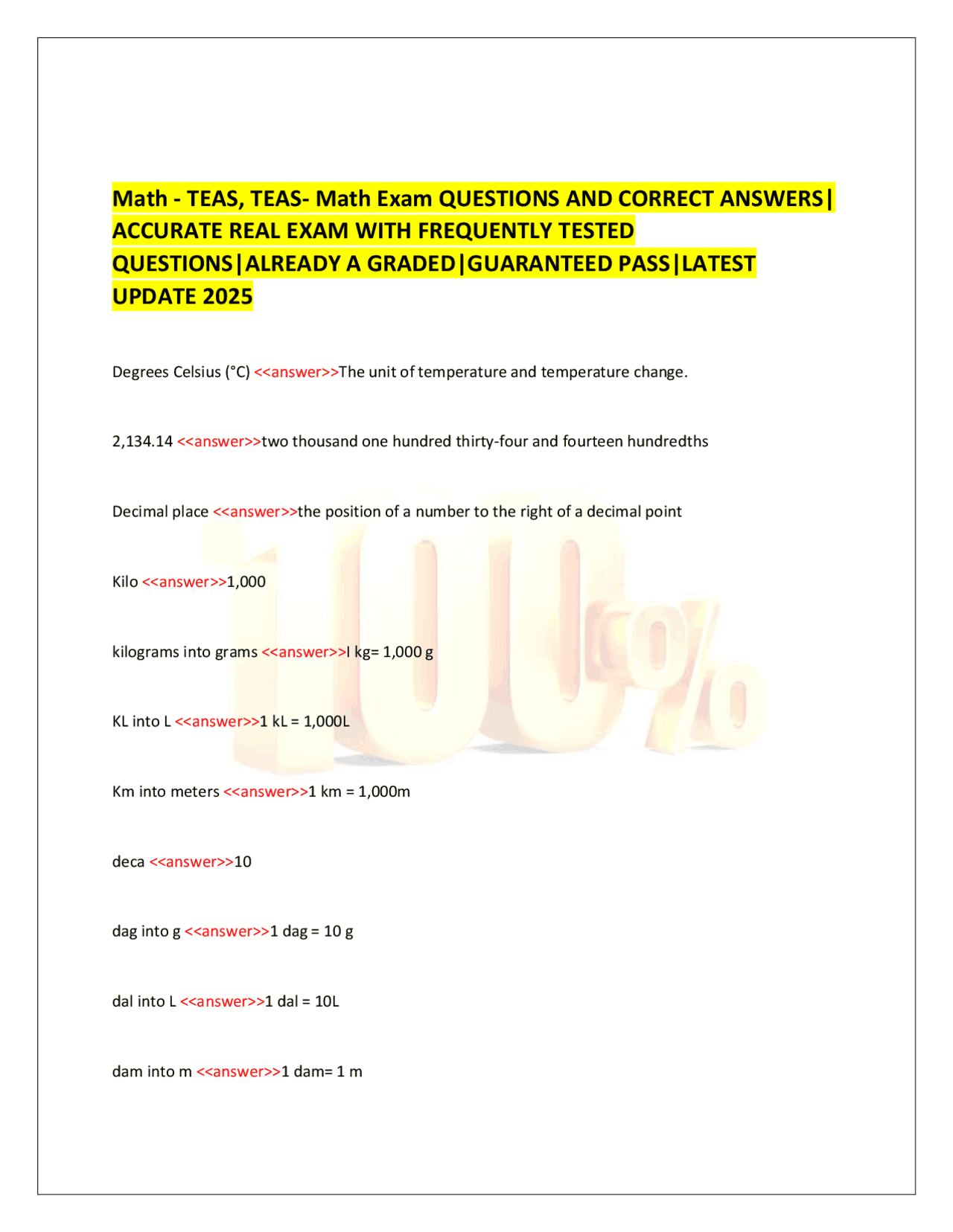 Math - TEAS, TEAS- Math Exam QUESTIONS AND CORRECT ANSWERS| ACCURATE ...