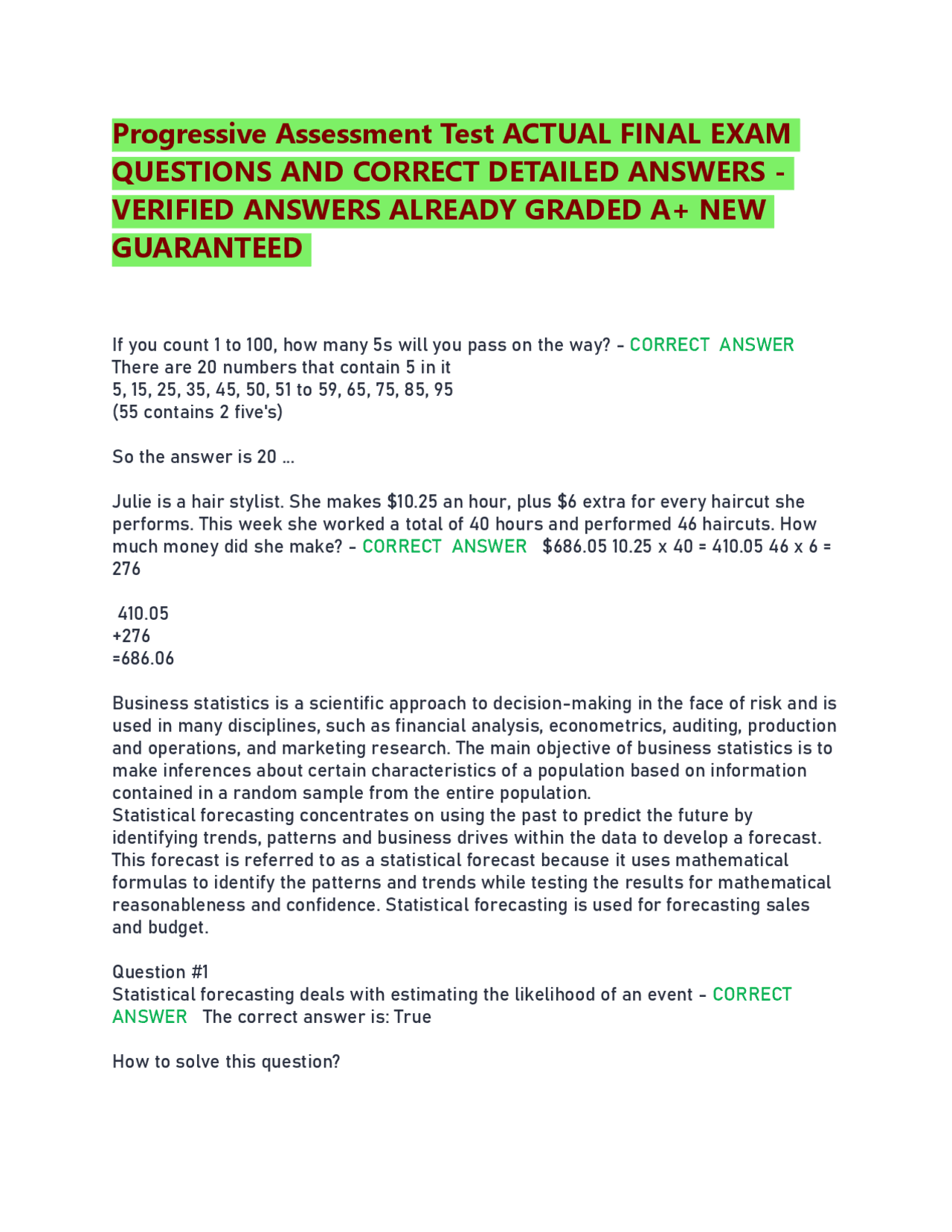 Progressive Testing Grade Examples Progressive Assessment Test ACTUAL FINAL EXAM QUESTIONS AND CORRECT ...