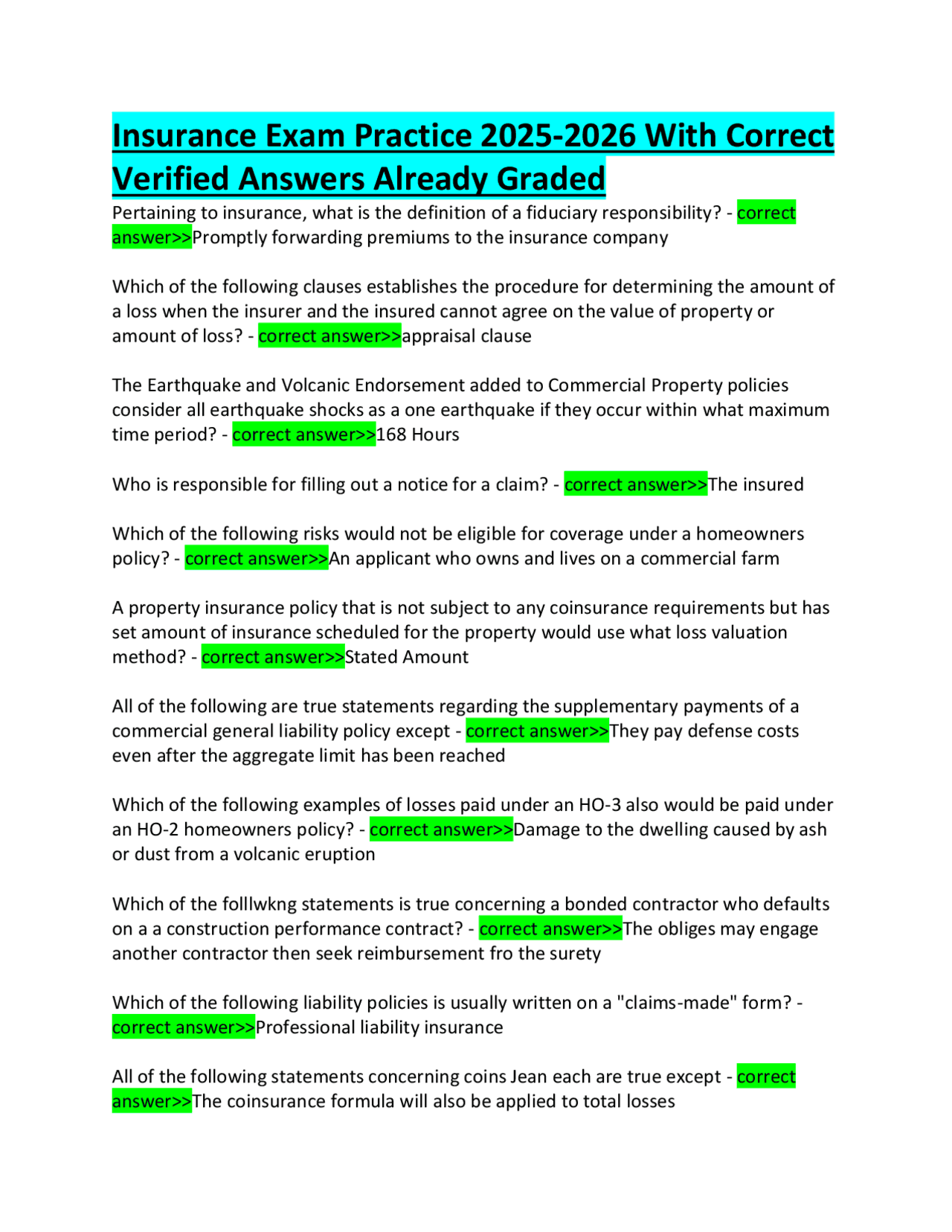 Insurance Exam Practice 2025-2026 With Correct Verified Answers Already Graded | Exams Insurance ...
