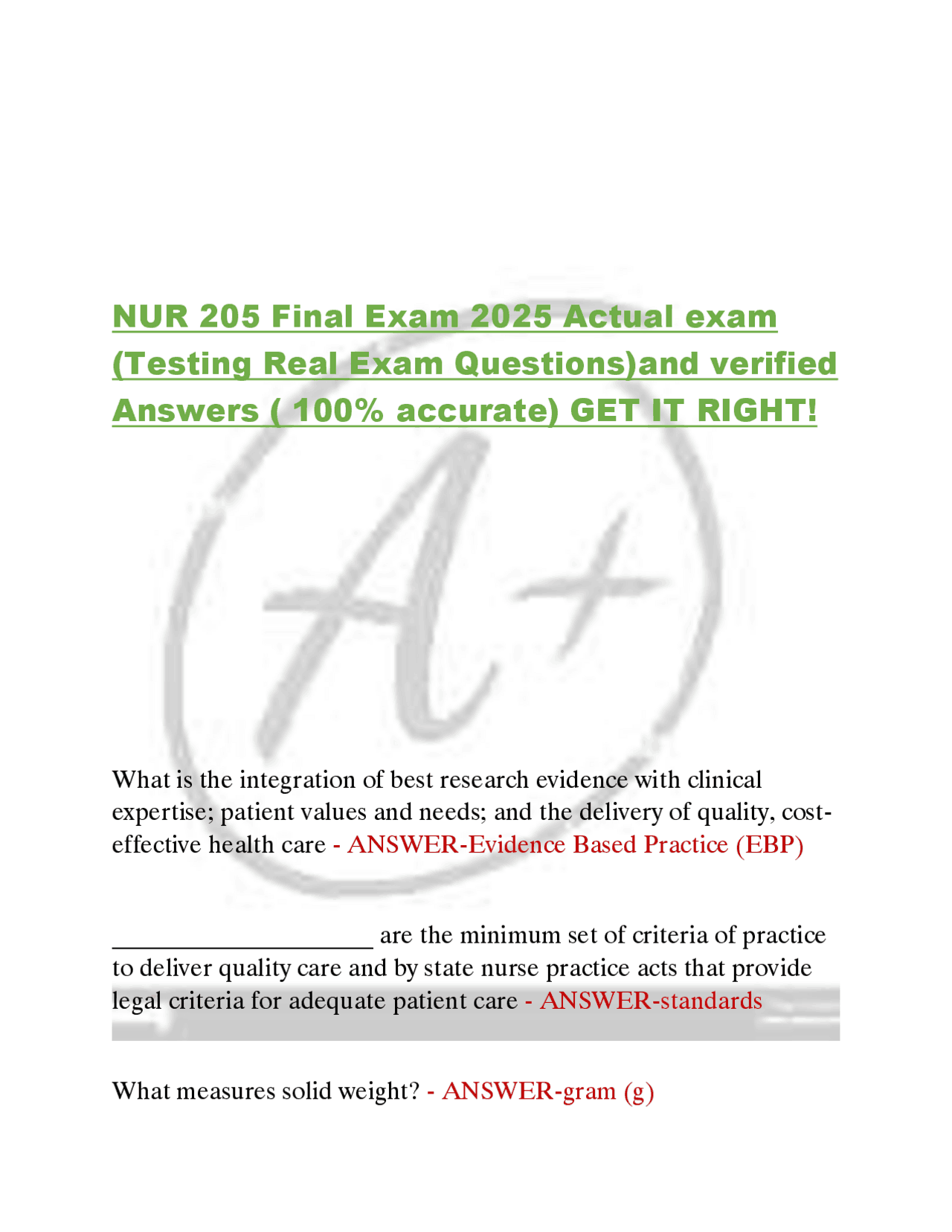 NUR 205 Final Exam 2025 Actual exam (Testing Real Exam Questions)and ...
