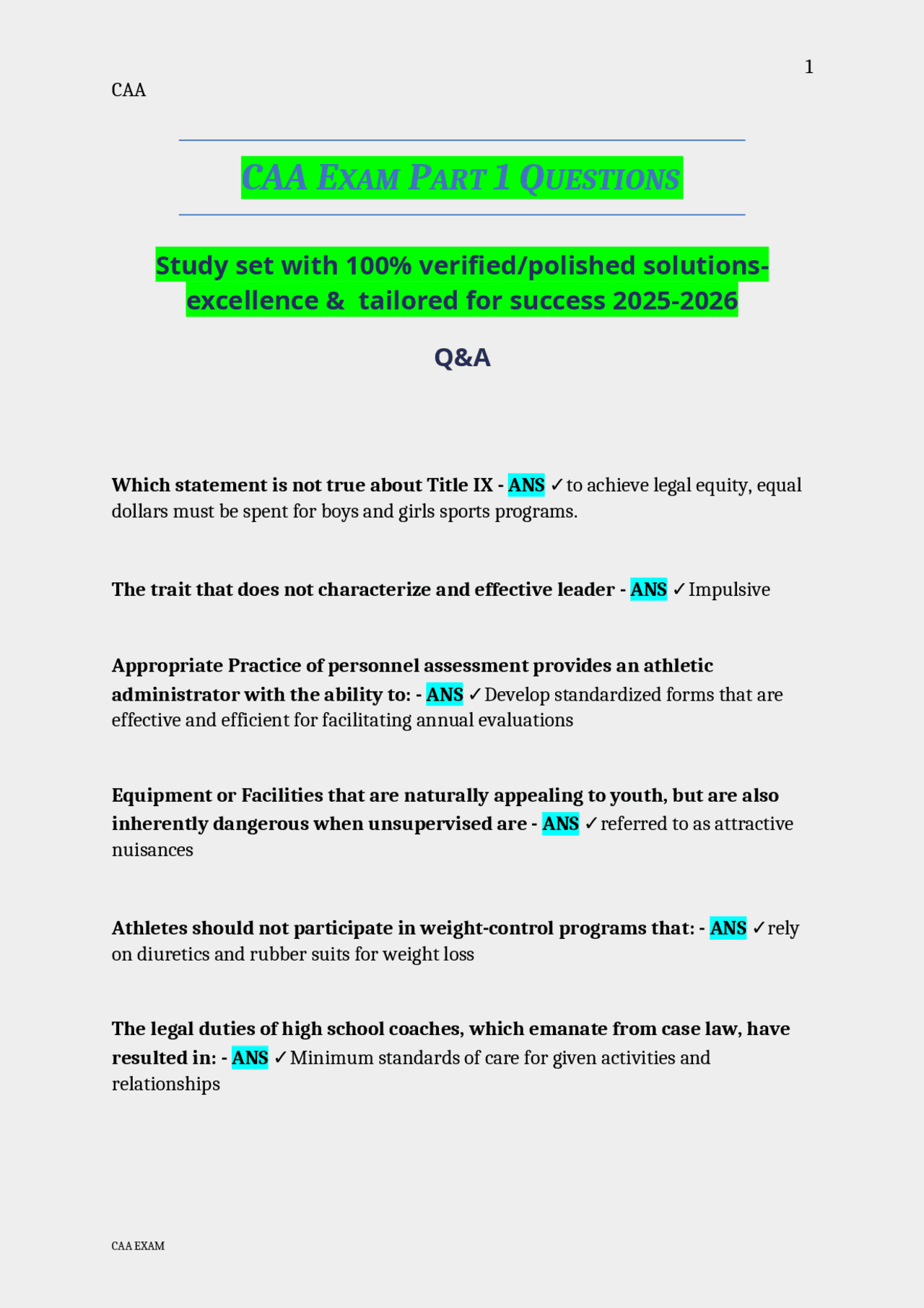 CAA EXAM PART 1 QUESTIONS Study set with 100% verified/polished ...