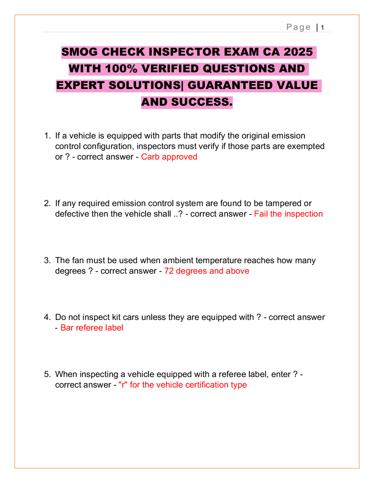 Smog Check Inspector Exam CA 2025: Q&A Study Guide | Exams Automobile ...