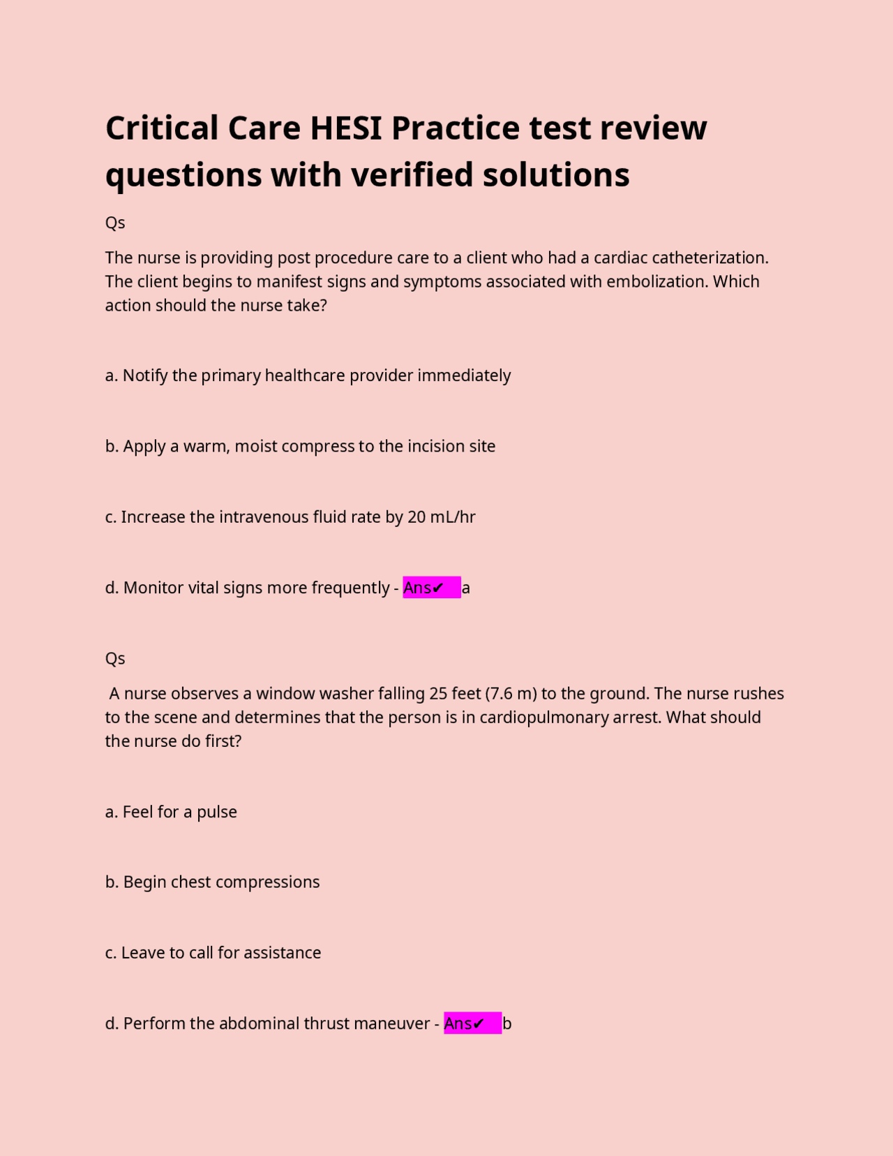 Critical Care HESI Practice test review questions with verified ...