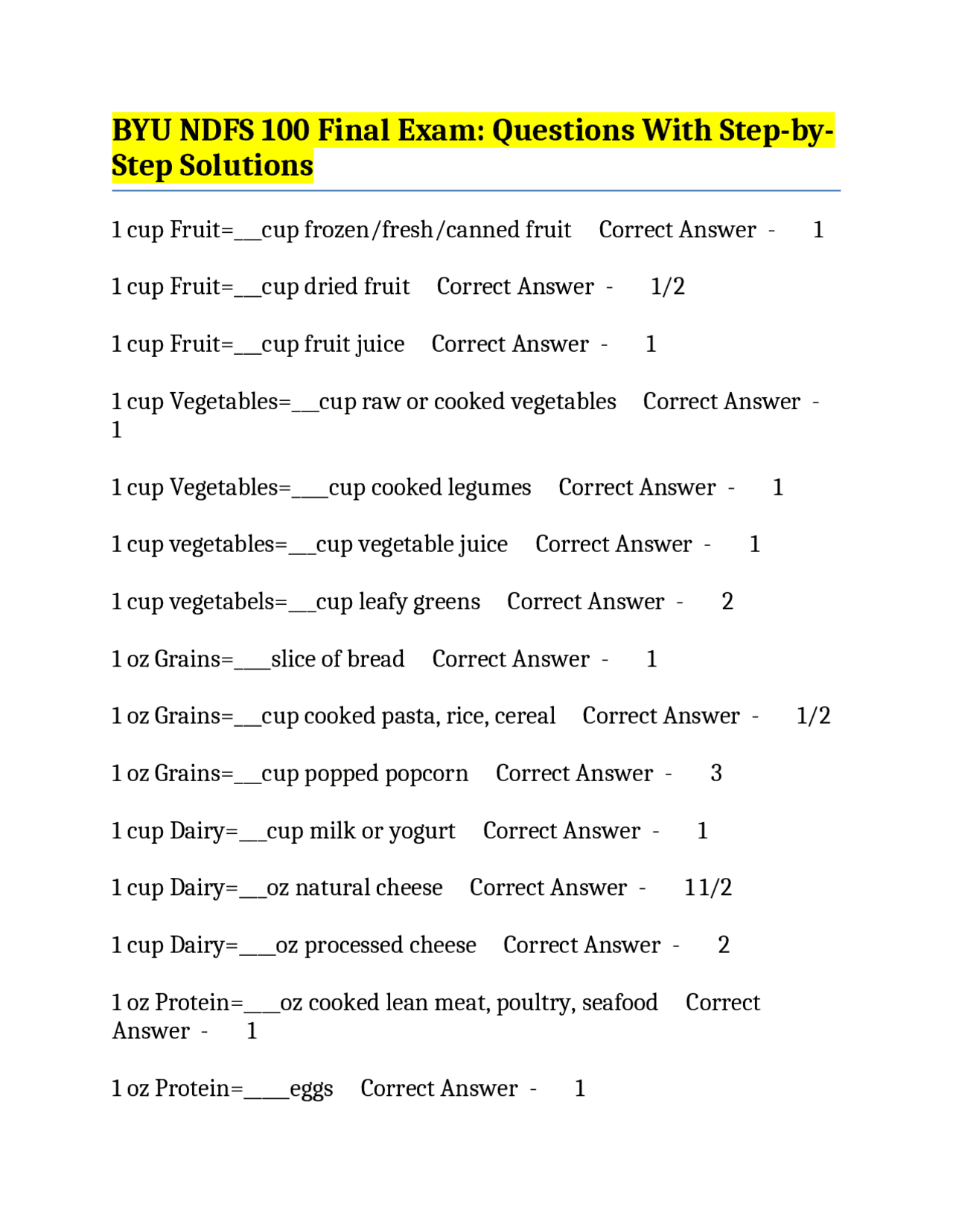 BYU NDFS 100 Final Exam: Questions With Step-by-Step Solutions | Exams ...