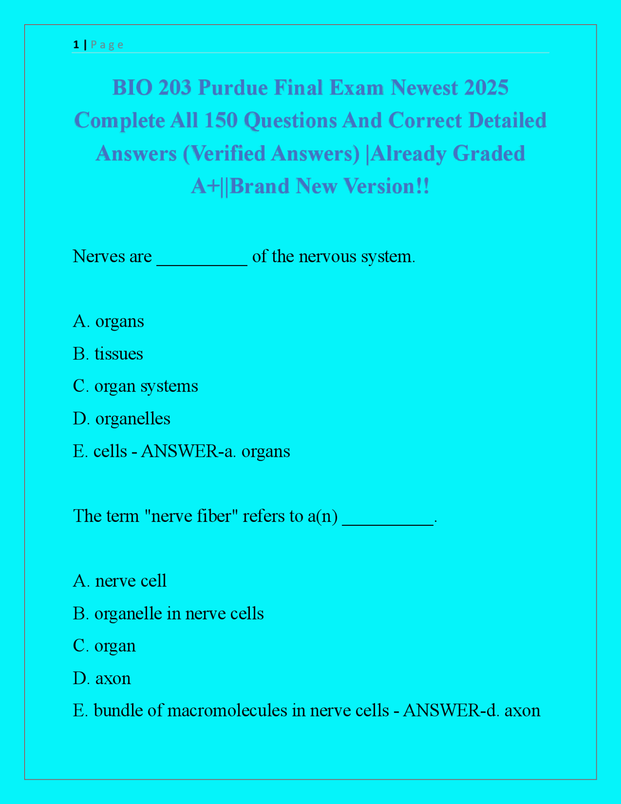 BIO 203 Purdue Final Exam Newest 2025 Complete All 150 Questions And ...