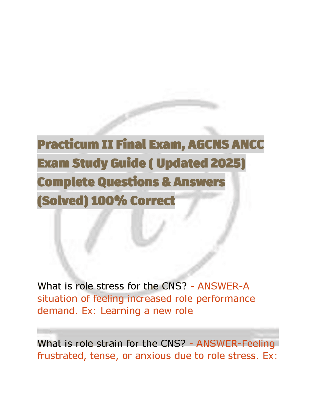 Practicum II Final Exam, AGCNS ANCC Exam Study Guide ( Updated 2025 ...