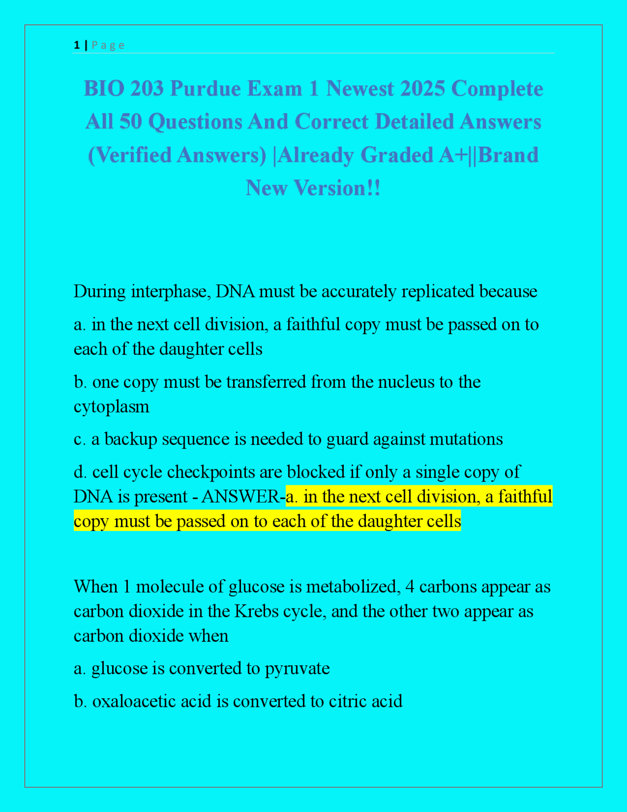 BIO 203 Purdue Exam 1 Newest 2025 Complete All 50 Questions And Correct ...