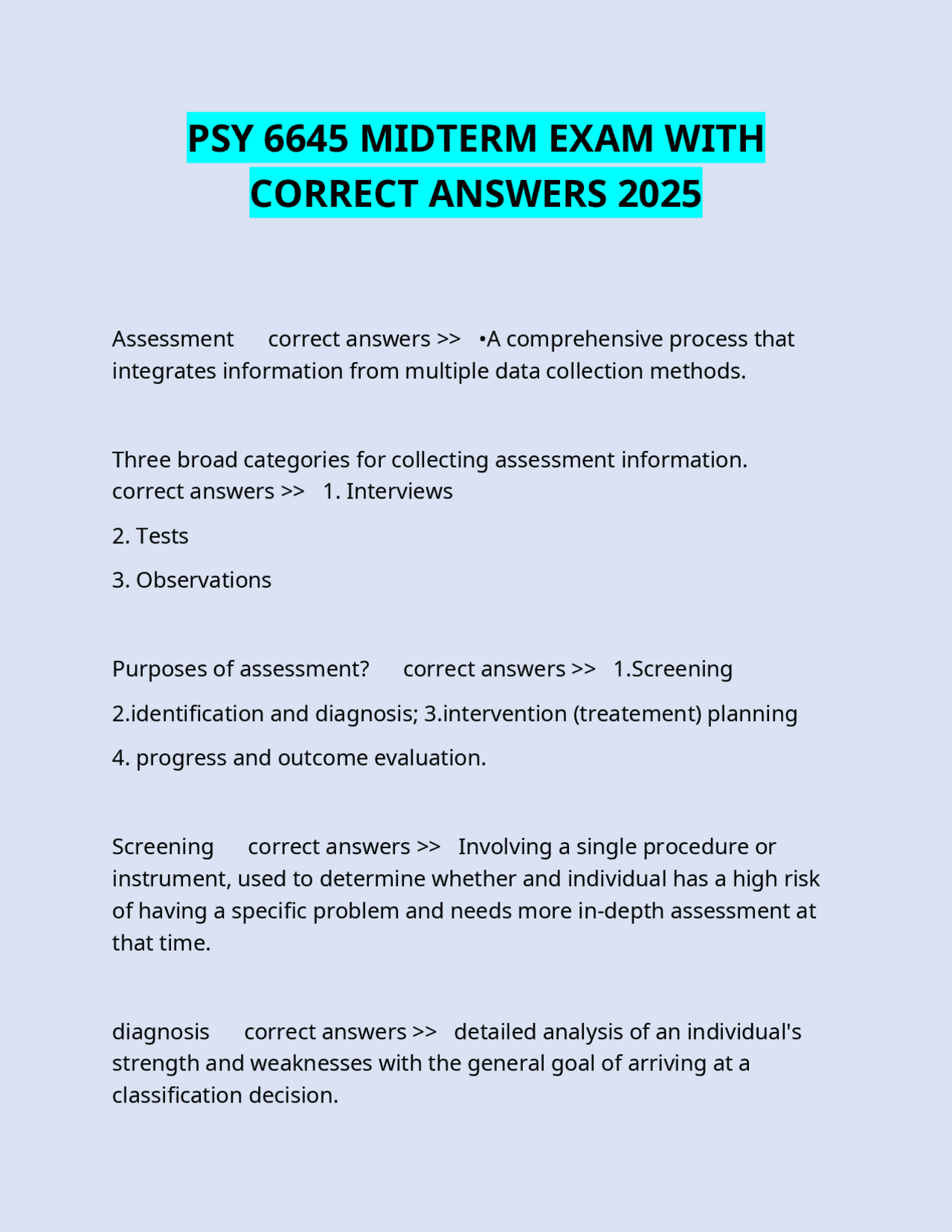 PSY 6645 MIDTERM EXAM WITH CORRECT ANSWERS 2025 | Exams Nursing | Docsity