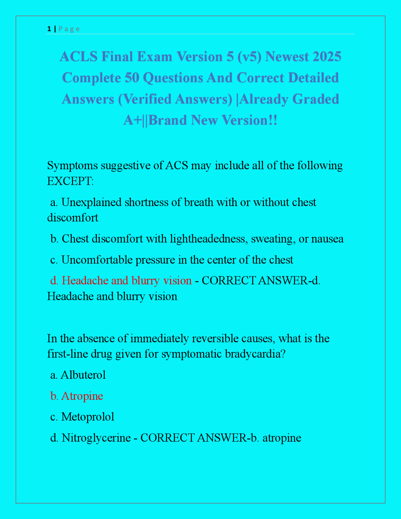 ACLS Final Exam Version 5 (v5) Newest 2025 Complete 50 Questions And ...
