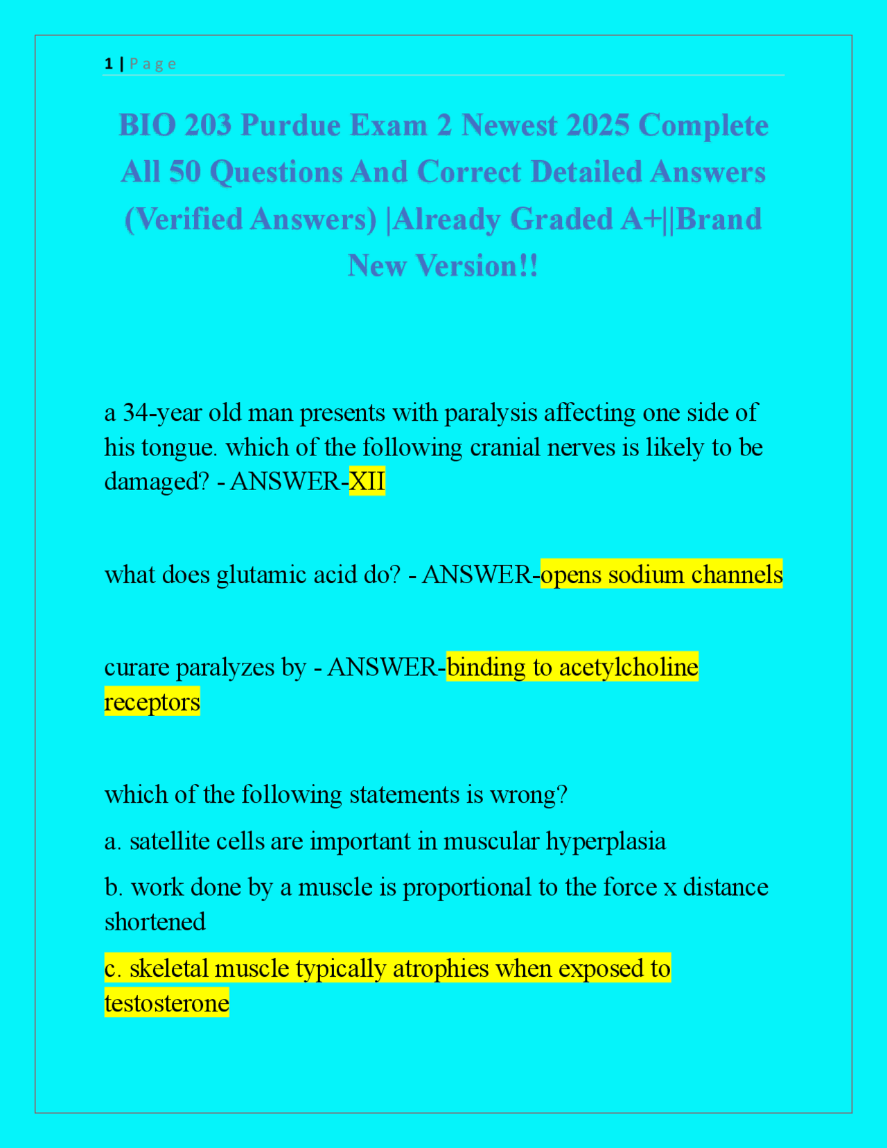 BIO 203 Purdue Exam 2 Newest 2025 Complete All 50 Questions And Correct ...