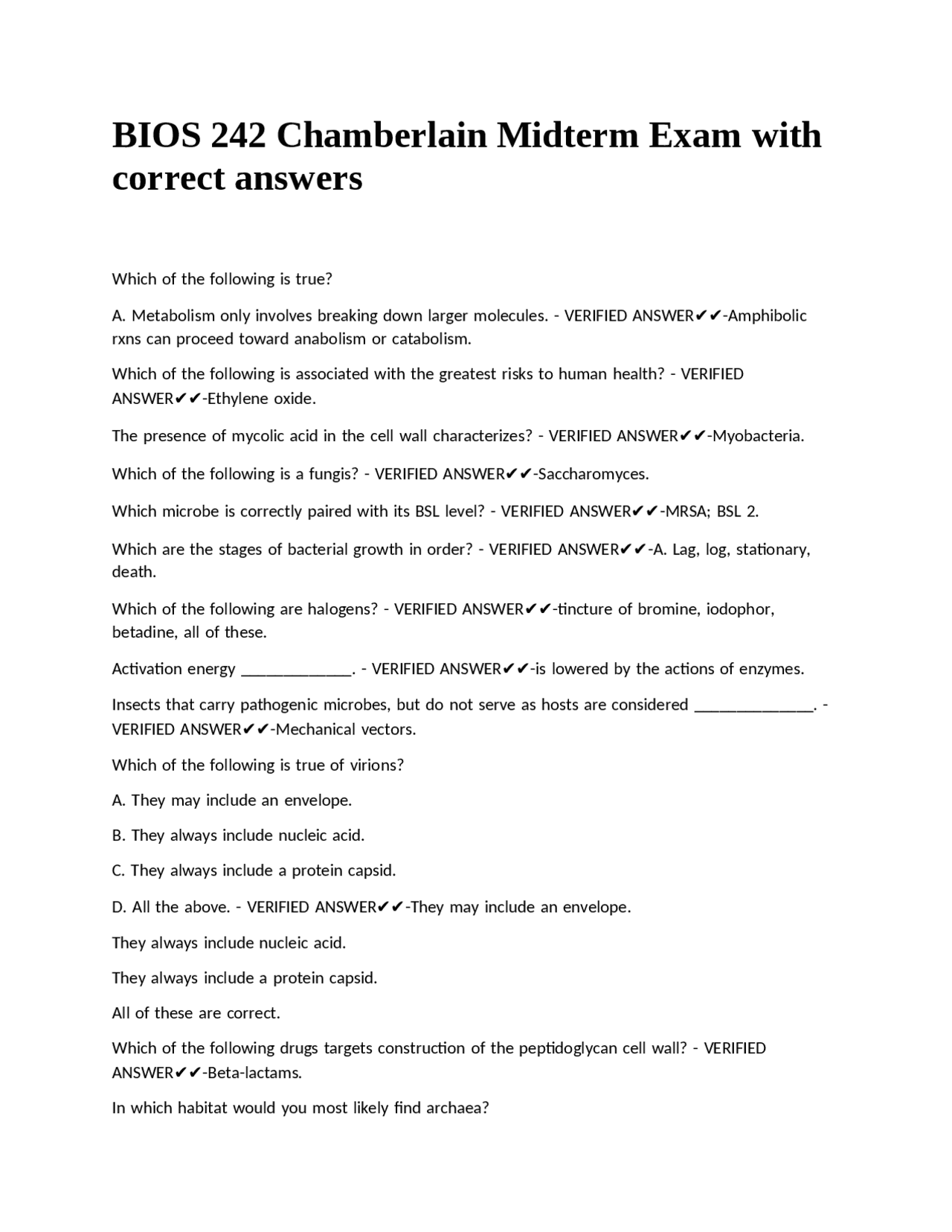 BIOS 242 Chamberlain Midterm Exam with correct answers | Exams Biology ...