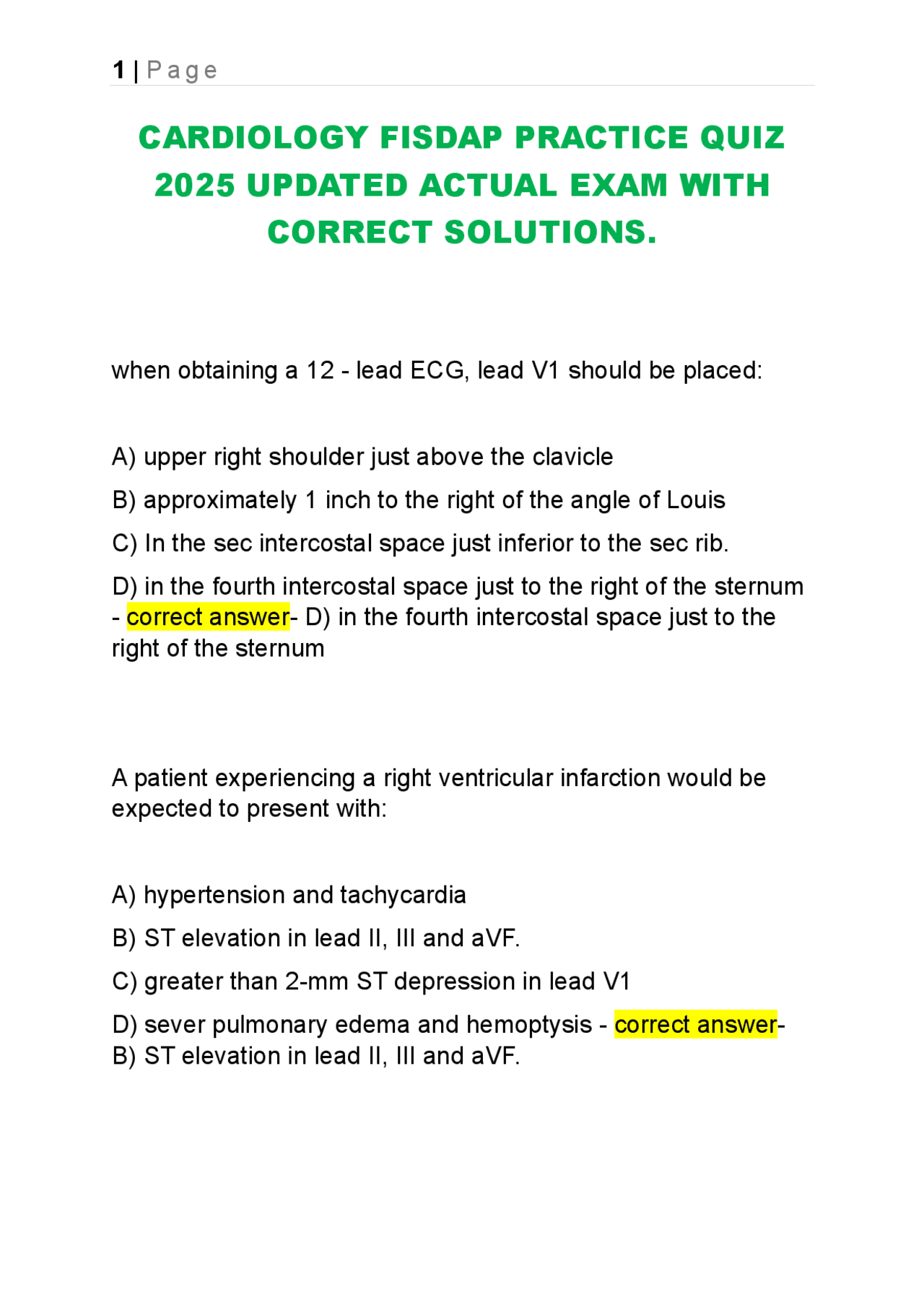 CARDIOLOGY FISDAP PRACTICE QUIZ 2025 UPDATED ACTUAL EXAM WITH CORRECT ...