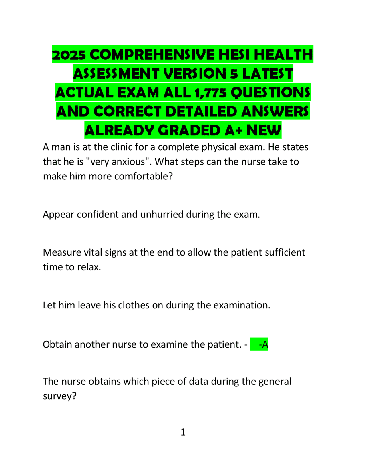 2025 COMPREHENSIVE HESI HEALTH ASSESSMENT VERSION 5 LATEST ACTUAL EXAM ...