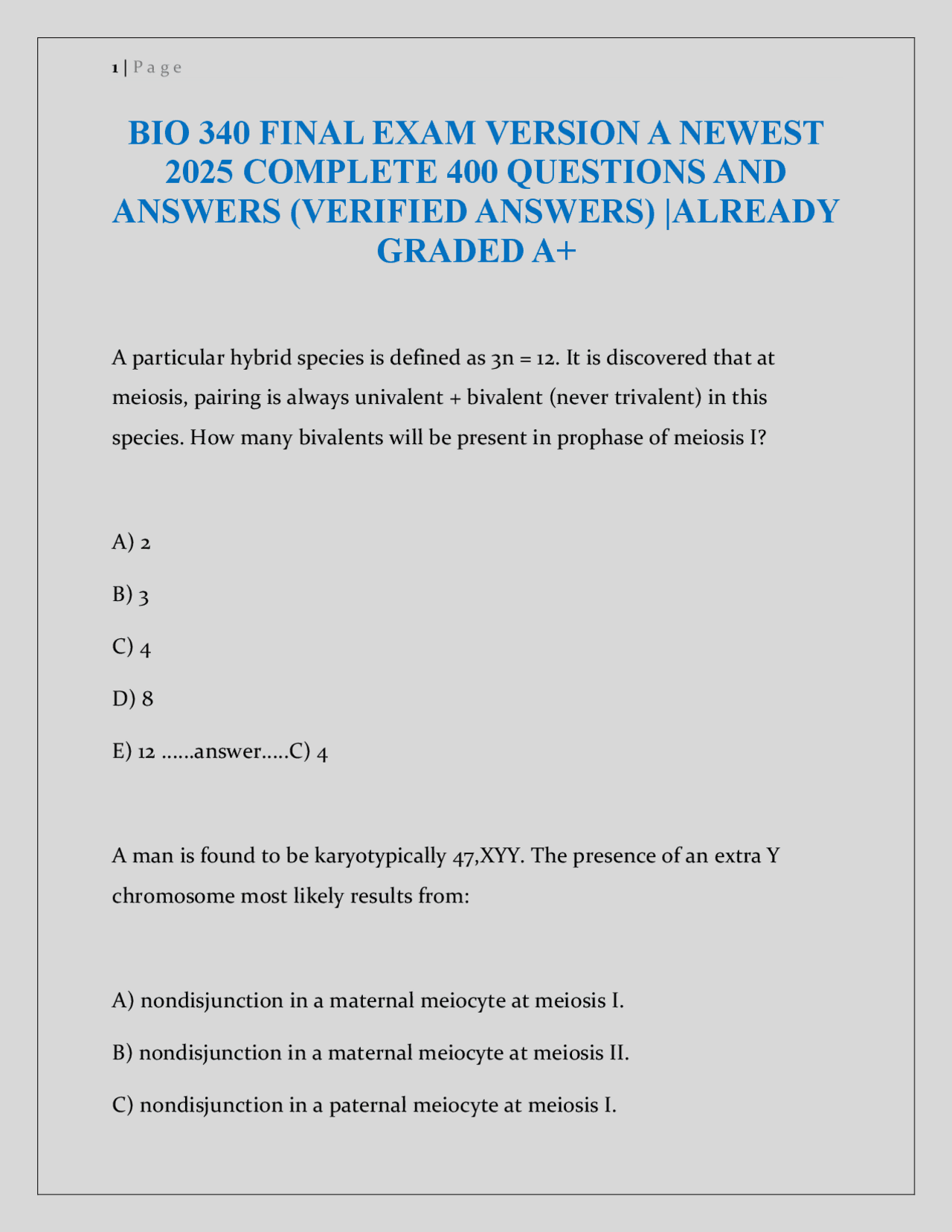 BIO 340 Final Exam Version A (2025) – 400 Verified Questions & Answers ...