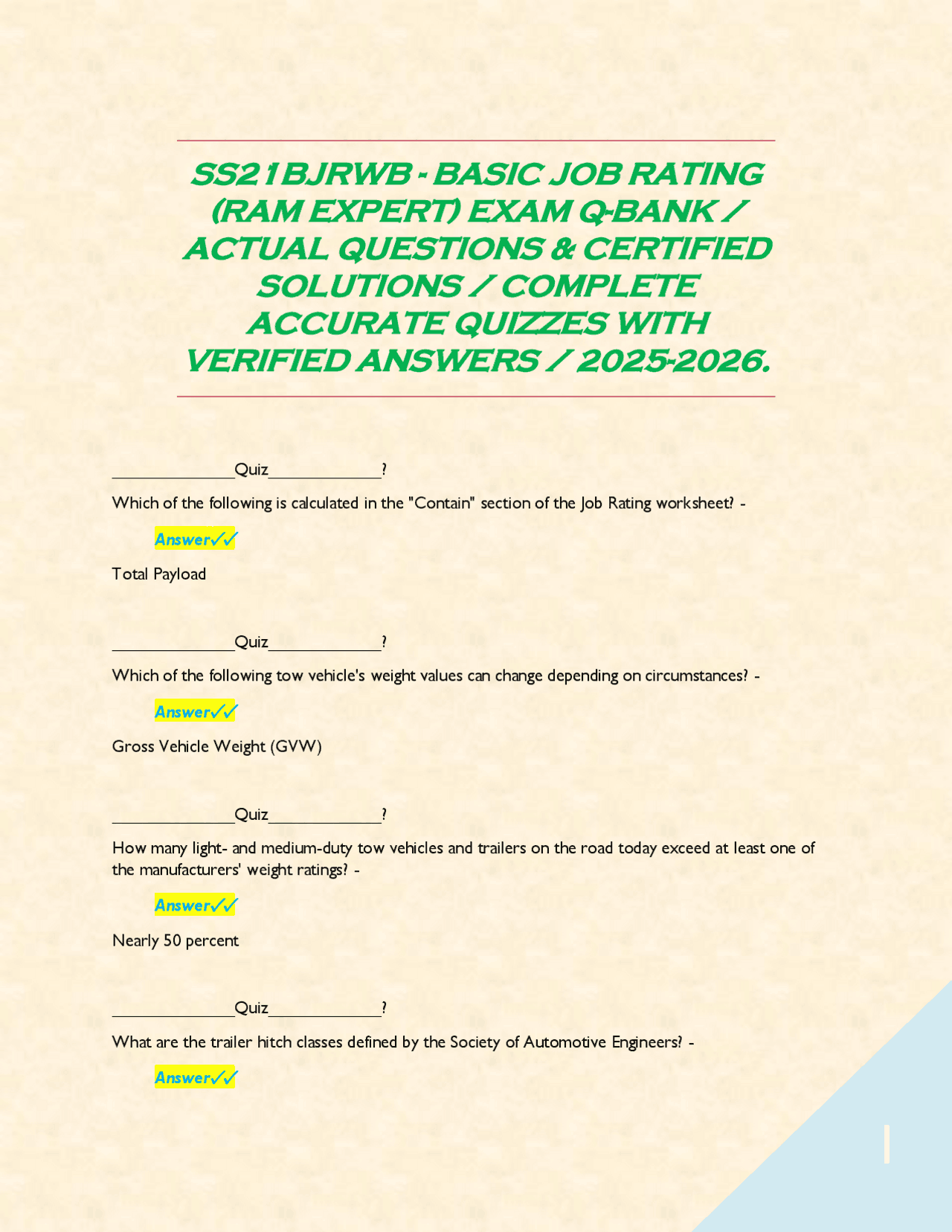 SS21BJRWB - BASIC JOB RATING (RAM EXPERT) EXAM Q-BANK / ACTUAL ...