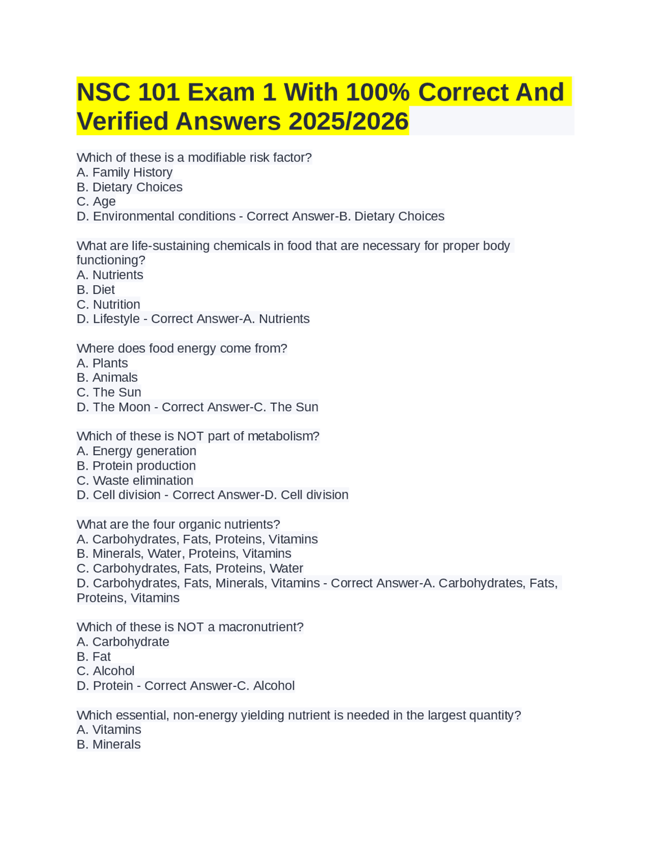 Nutrition Exam 1: Practice Questions and Verified Answers | Exams ...