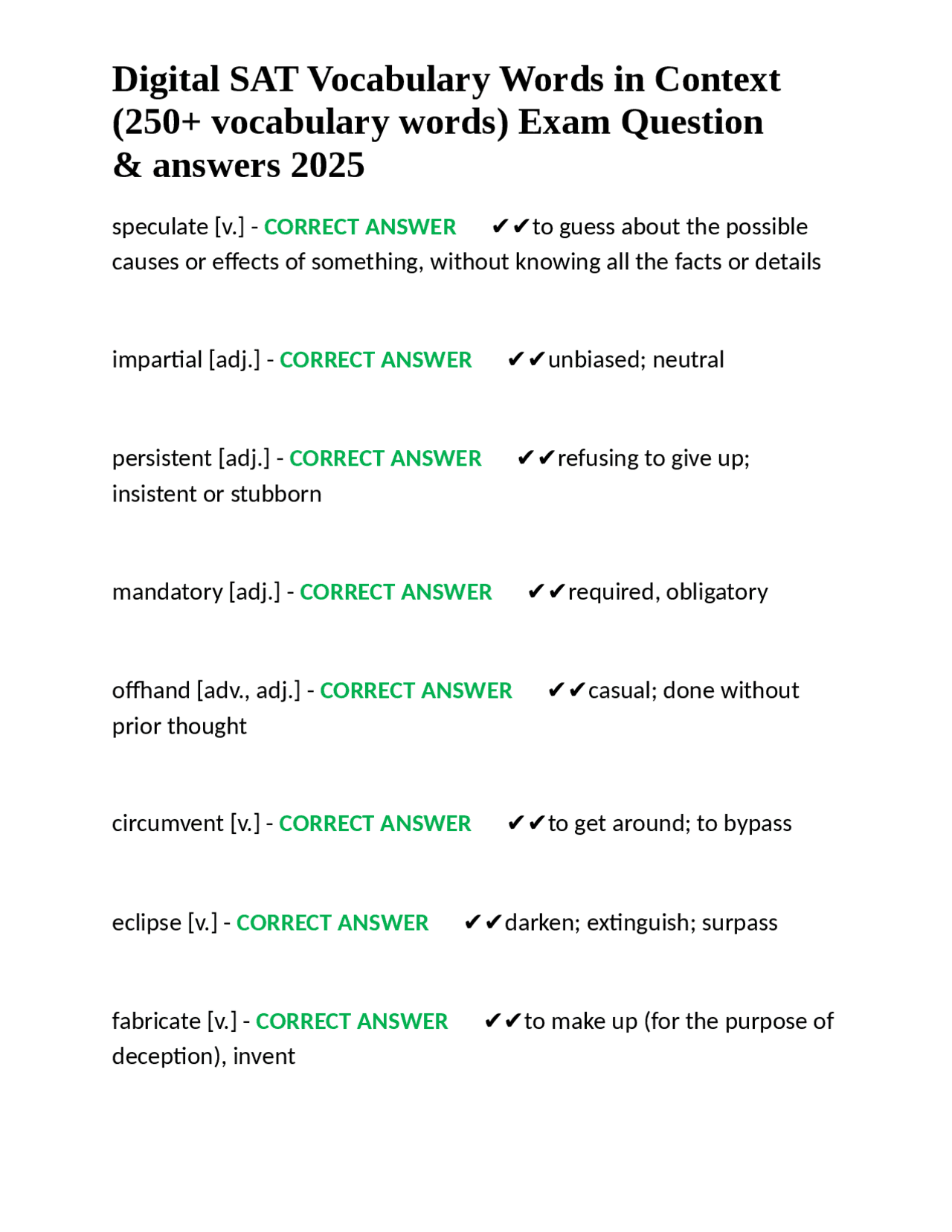 Digital SAT Vocabulary Words in Context (250+ vocabulary words) Exam ...