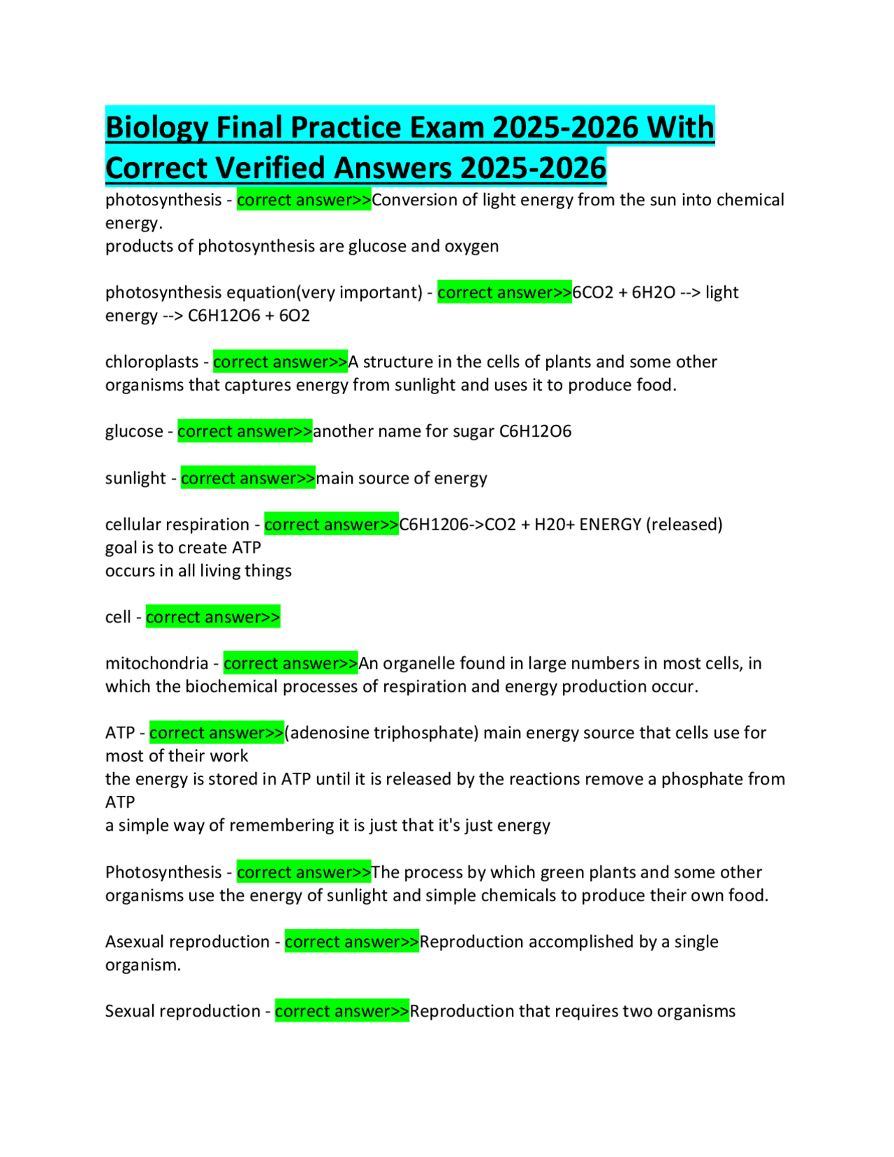 Biology Final Practice Exam 2025-2026 With Correct Verified Answers ...