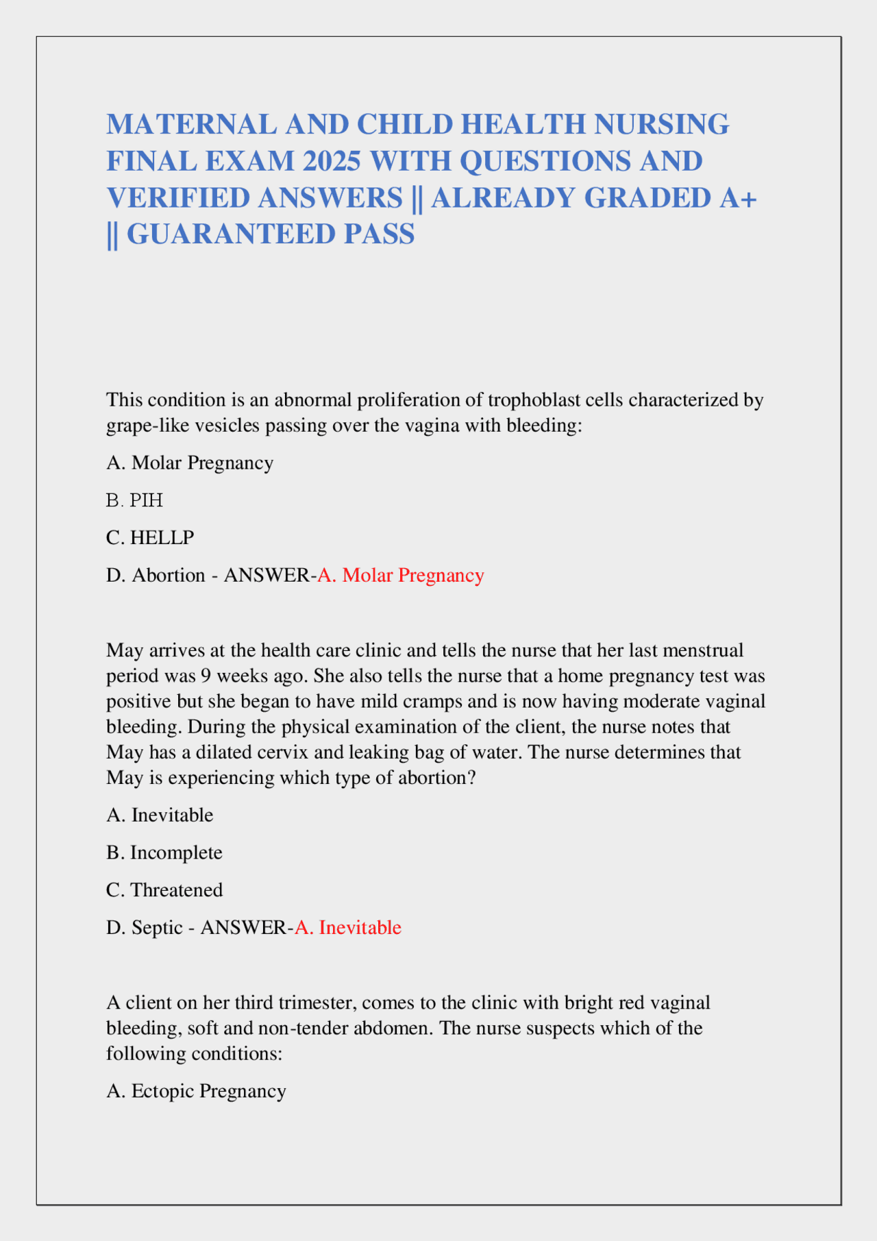 MATERNAL AND CHILD HEALTH NURSING FINAL EXAM 2025 WITH QUESTIONS AND ...