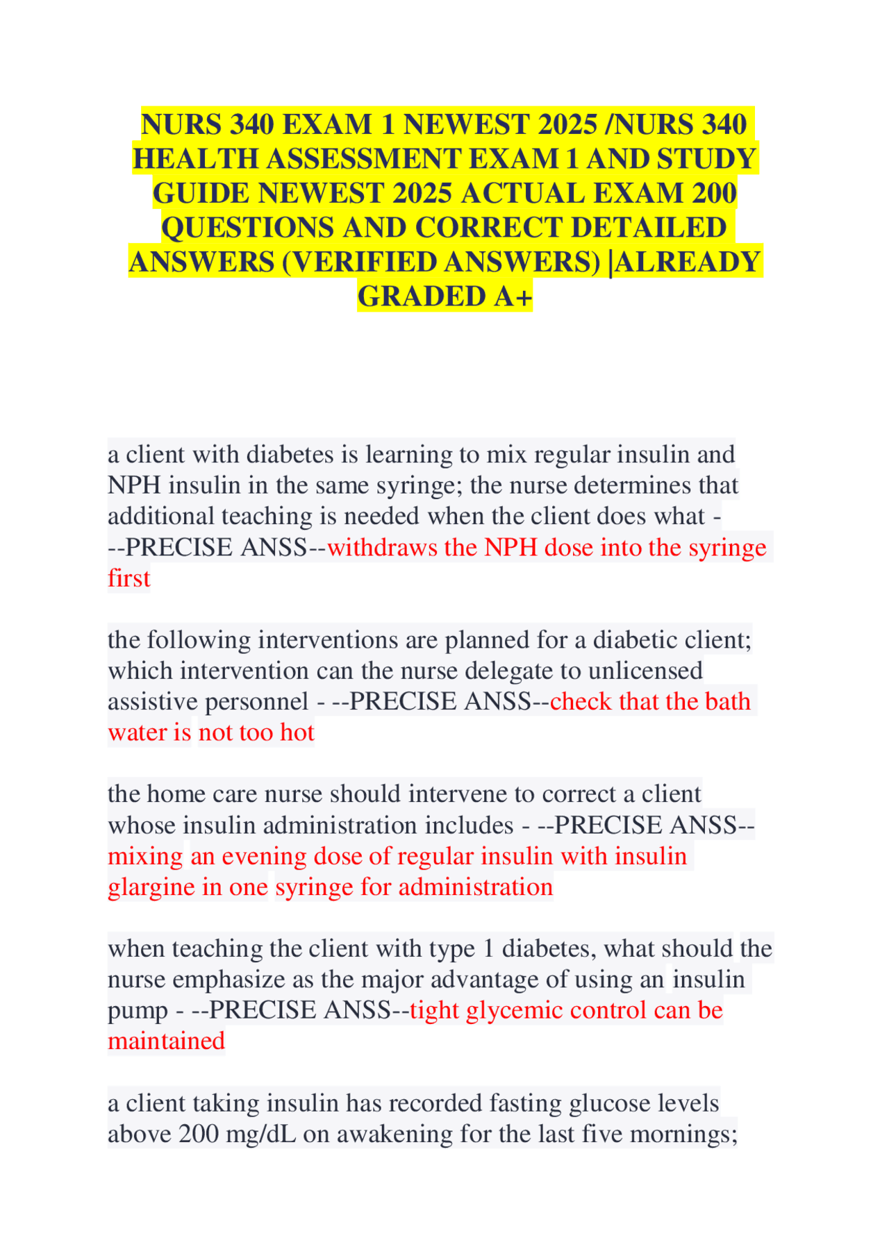 NURS 340 EXAM 1 NEWEST 2025 /NURS 340 HEALTH ASSESSMENT EXAM 1 AND ...