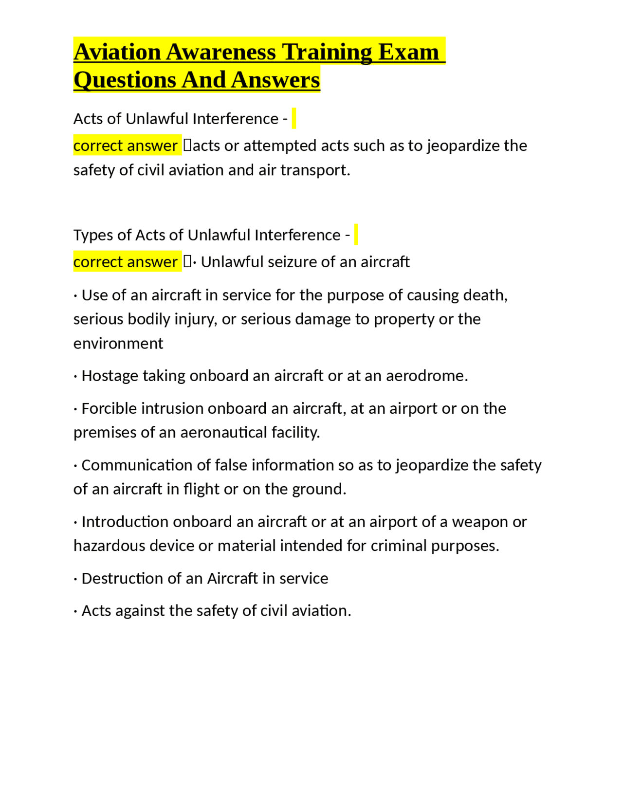 Aviation Security Awareness Training Exam: Q&A | Exams Aviation | Docsity